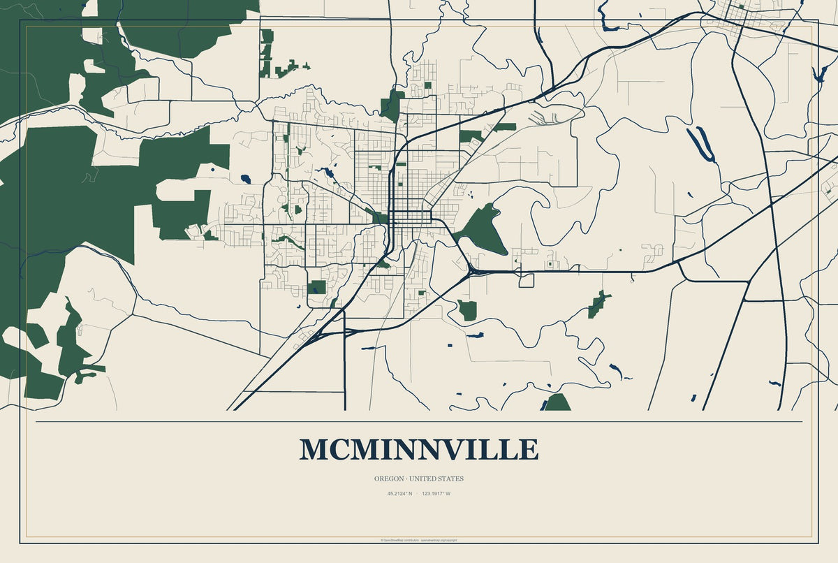 McMinnville, Oregon City Map Aluminum Sign in Coastal Cutout style