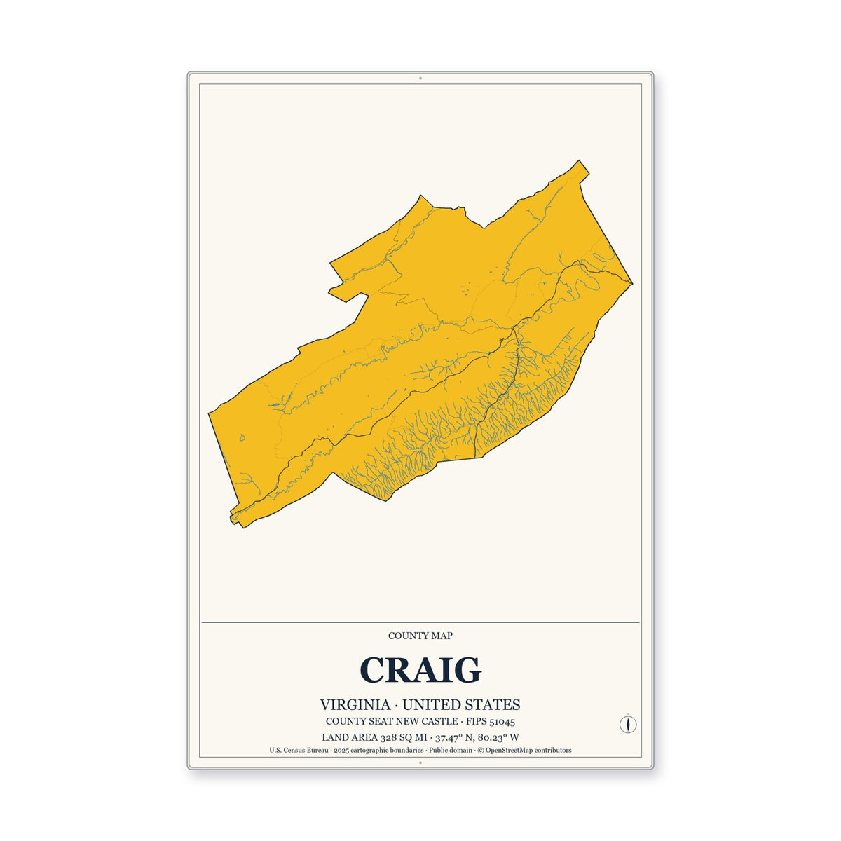 Craig County, Virginia Map Aluminum Sign in Citrine Modern style