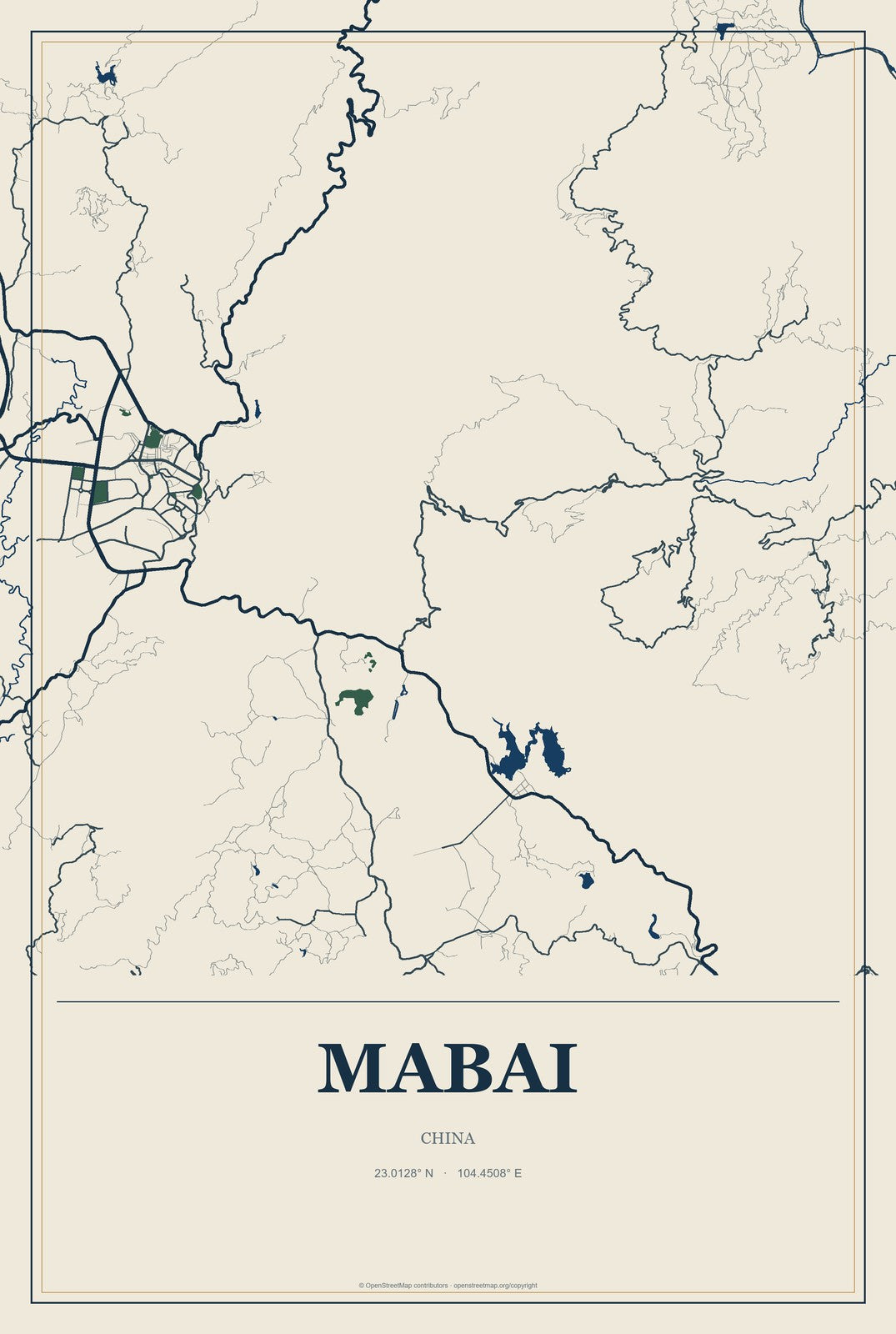 Mabai, China City Map Aluminum Sign in Coastal Cutout style