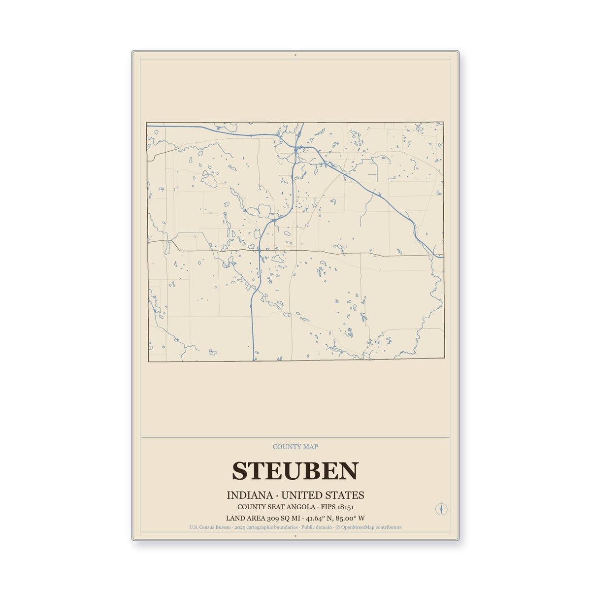 Steuben County, Indiana Map Aluminum Sign in Heritage Nautical style