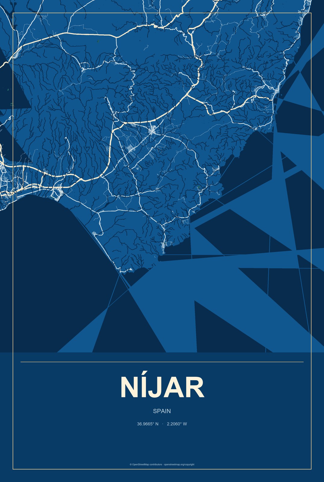 Níjar, Spain City Map Aluminum Sign in Harbor Cobalt style