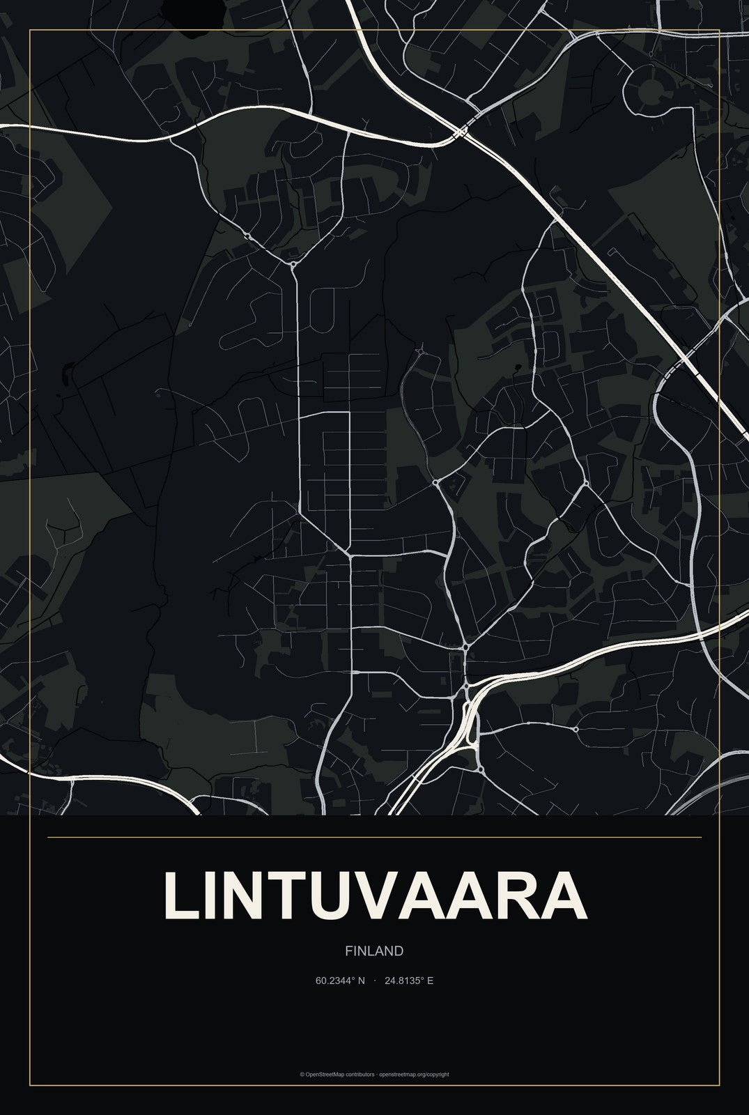 Lintuvaara, Finland City Map Aluminum Sign in Metropolitan Noir style