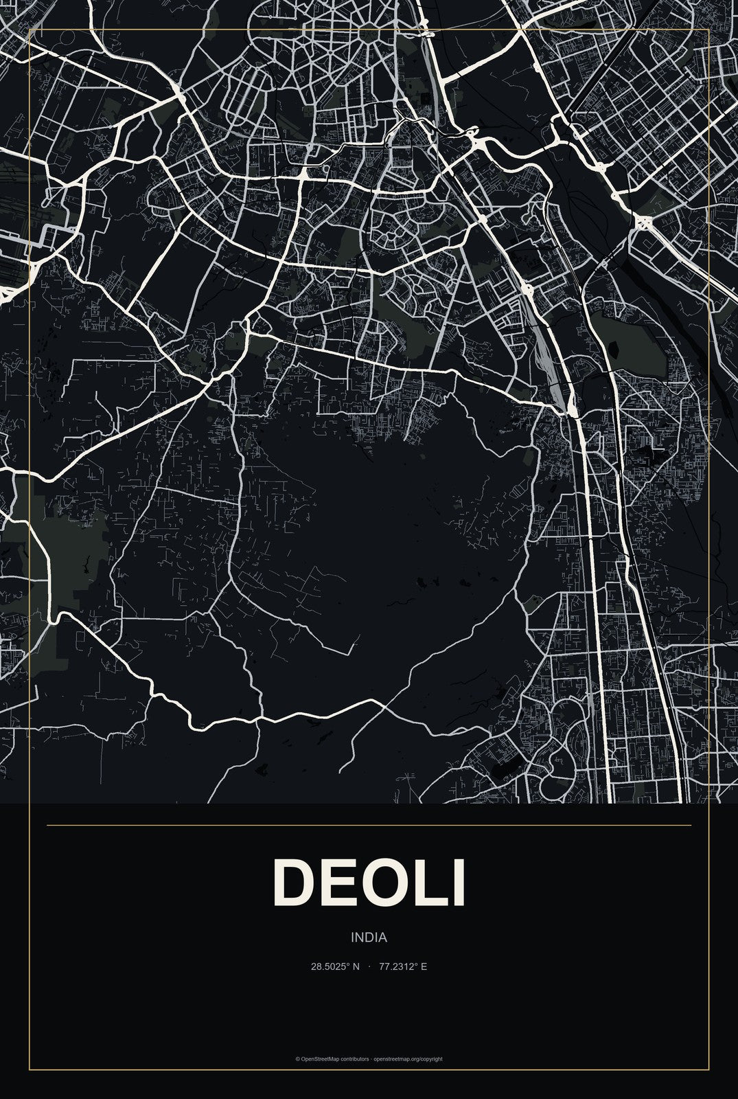 Deoli, Delhi, India City Map Aluminum Sign in Metropolitan Noir style
