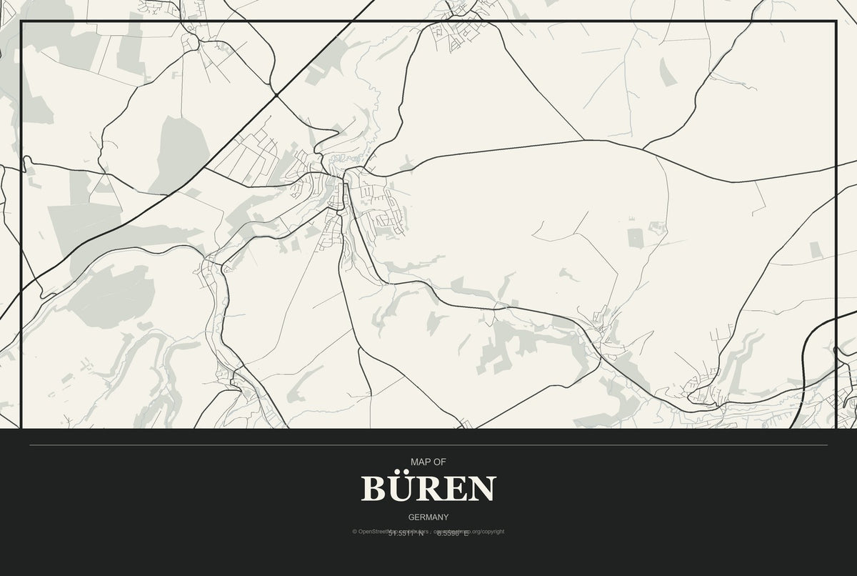 Büren, Germany City Map Aluminum Sign in Museum Plaque style