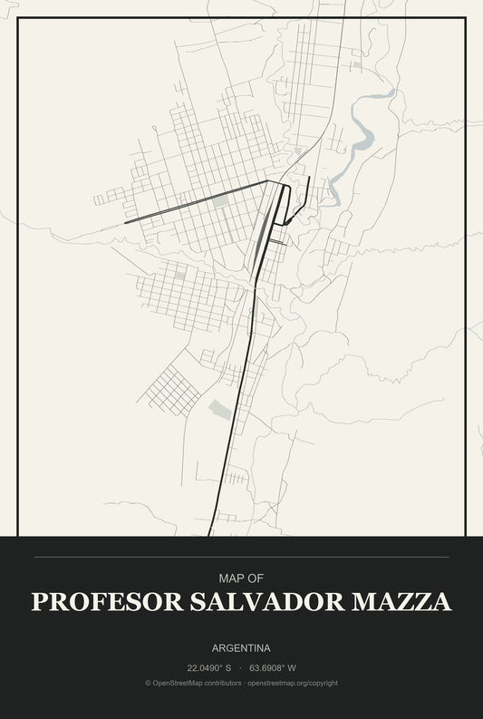 Profesor Salvador Mazza, Argentina City Map Aluminum Sign in Museum Plaque style