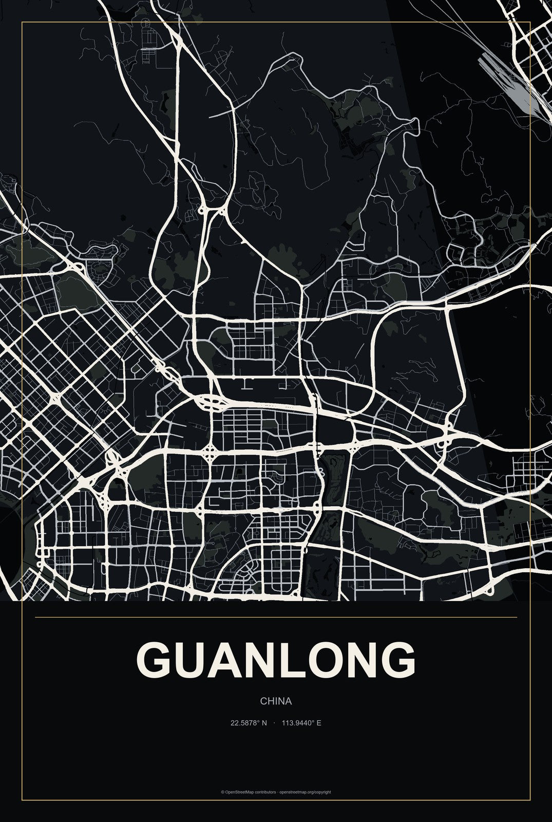 Guanlong, China City Map Aluminum Sign in Metropolitan Noir style