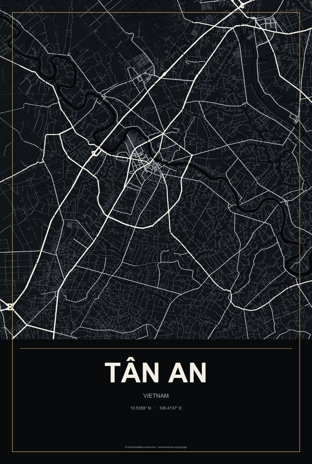 Tân An, Vietnam City Map Aluminum Sign in Metropolitan Noir style