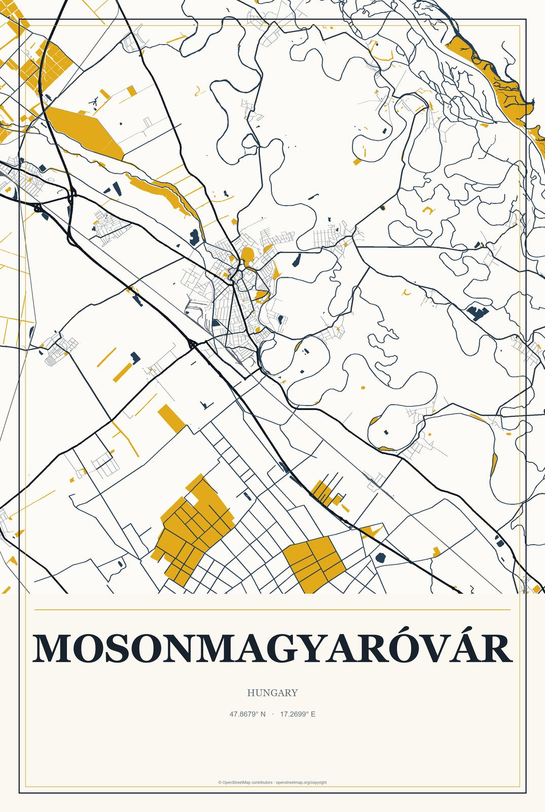 Mosonmagyaróvár, Hungary City Map Aluminum Sign in Citrine Modern style