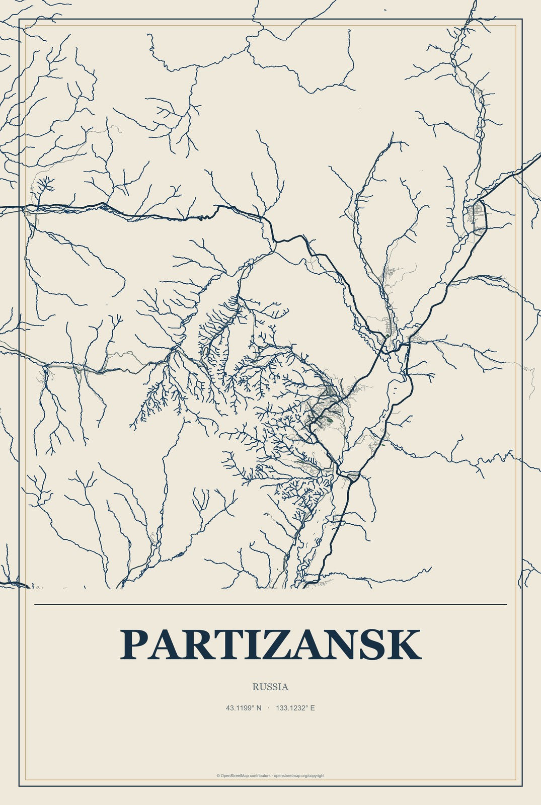 Partizansk, Russia City Map Aluminum Sign in Coastal Cutout style