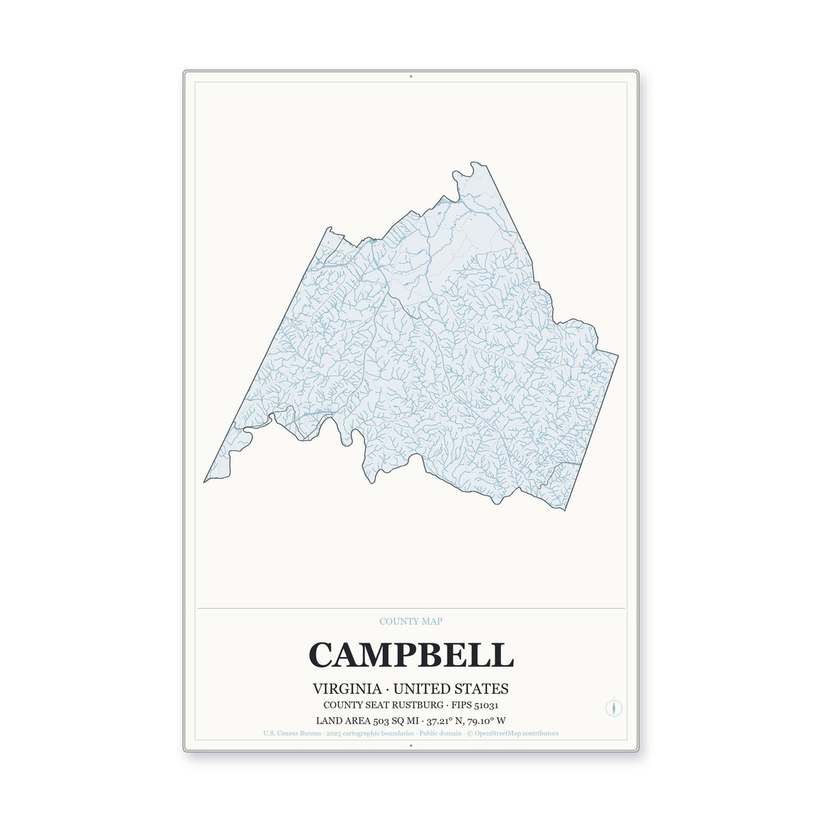 Campbell County, Virginia Map Aluminum Sign in Gallery Air style