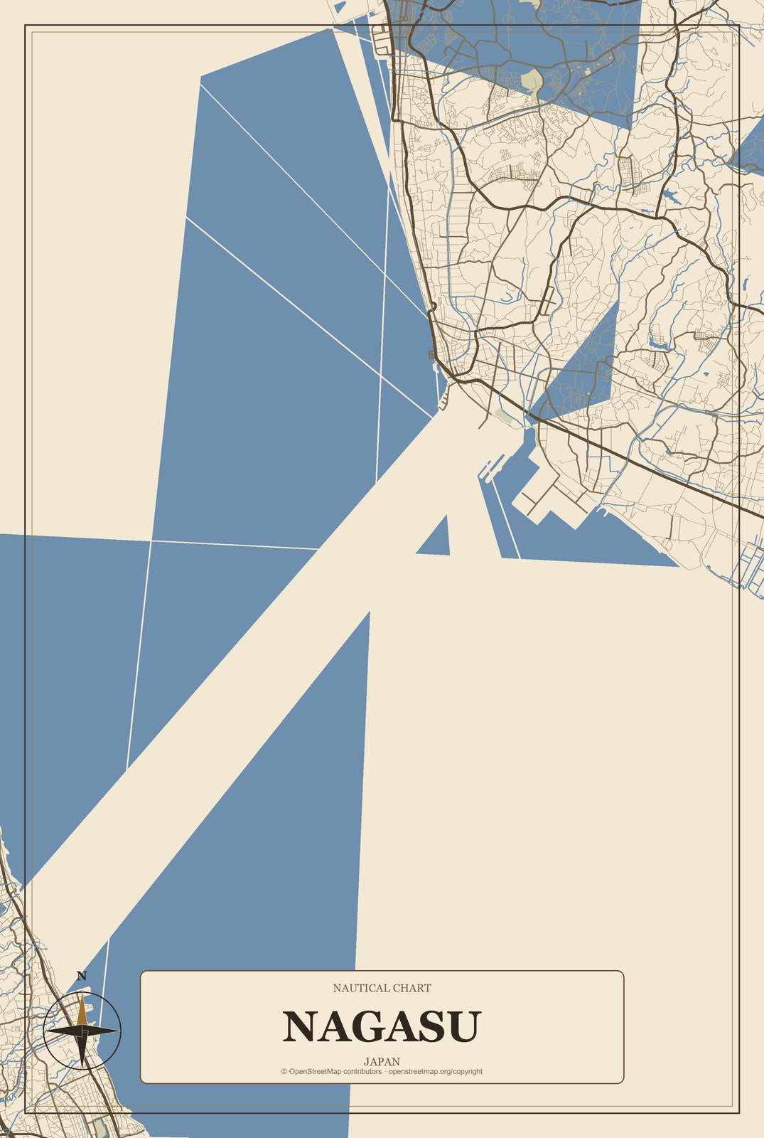 Nagasu, Japan City Map Aluminum Sign in Heritage Nautical style