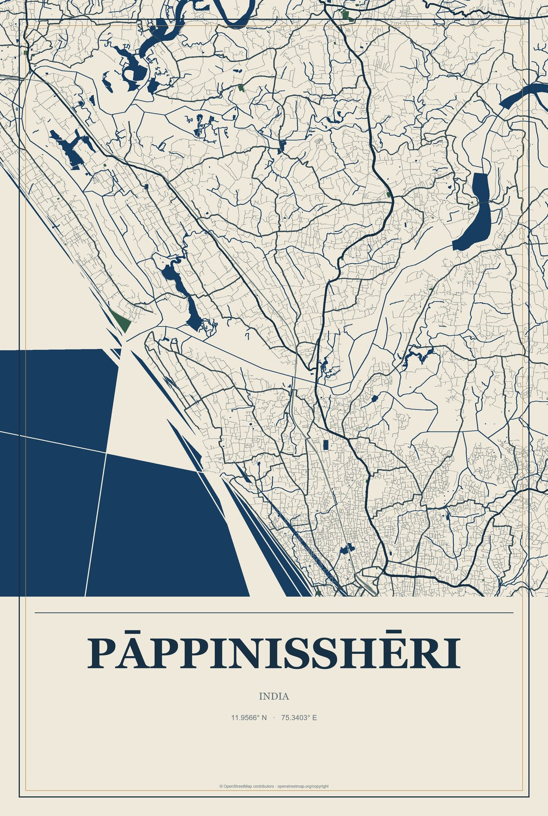 Pāppinisshēri, India City Map Aluminum Sign in Coastal Cutout style
