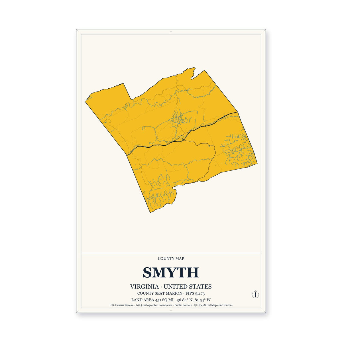 Smyth County, Virginia Map Aluminum Sign in Citrine Modern style
