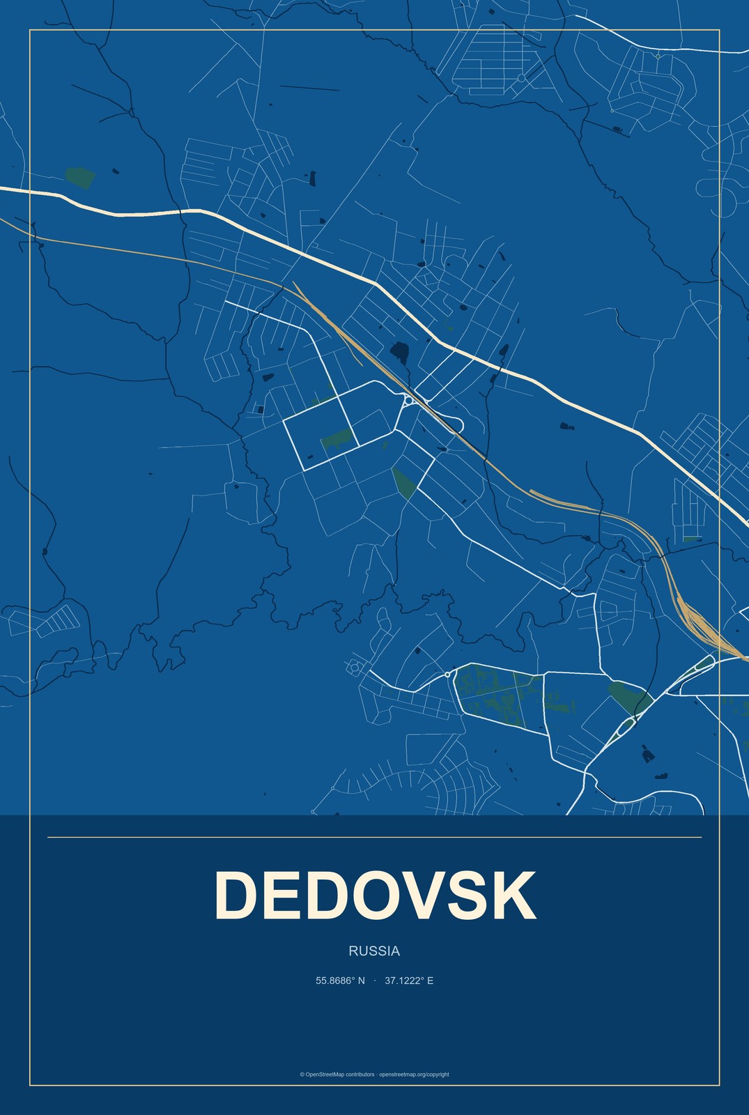 Dedovsk, Russia City Map Aluminum Sign in Harbor Cobalt style