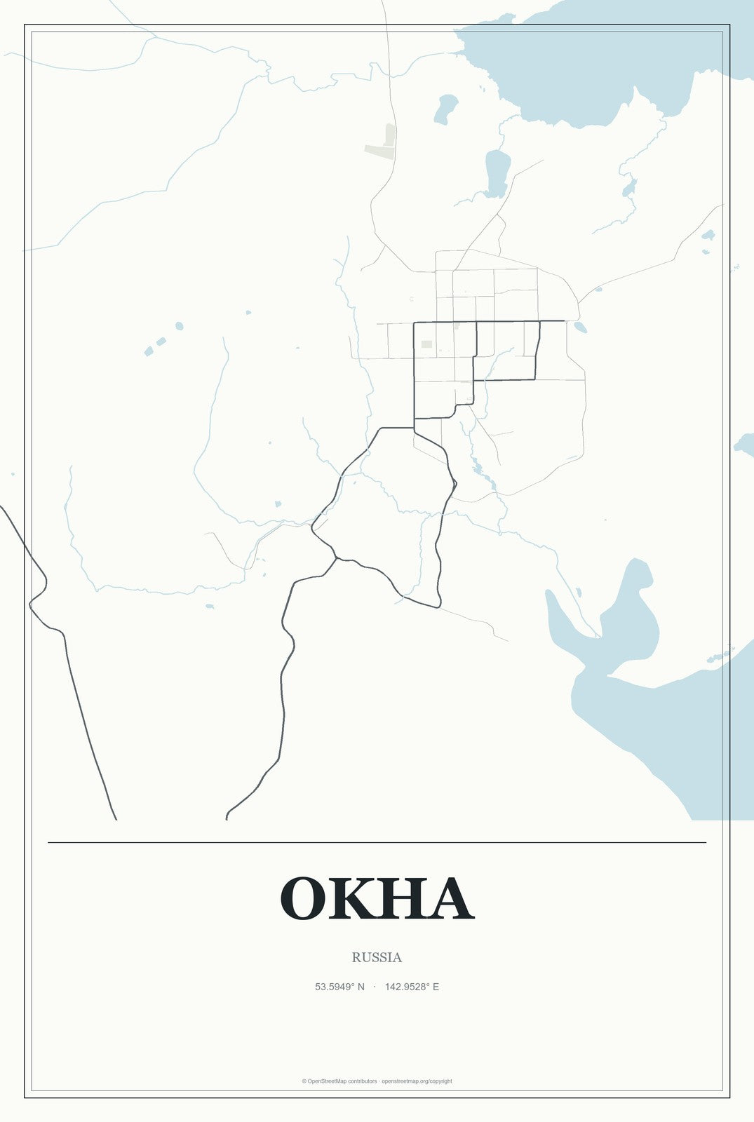Okha, Russia City Map Aluminum Sign in Gallery Air style