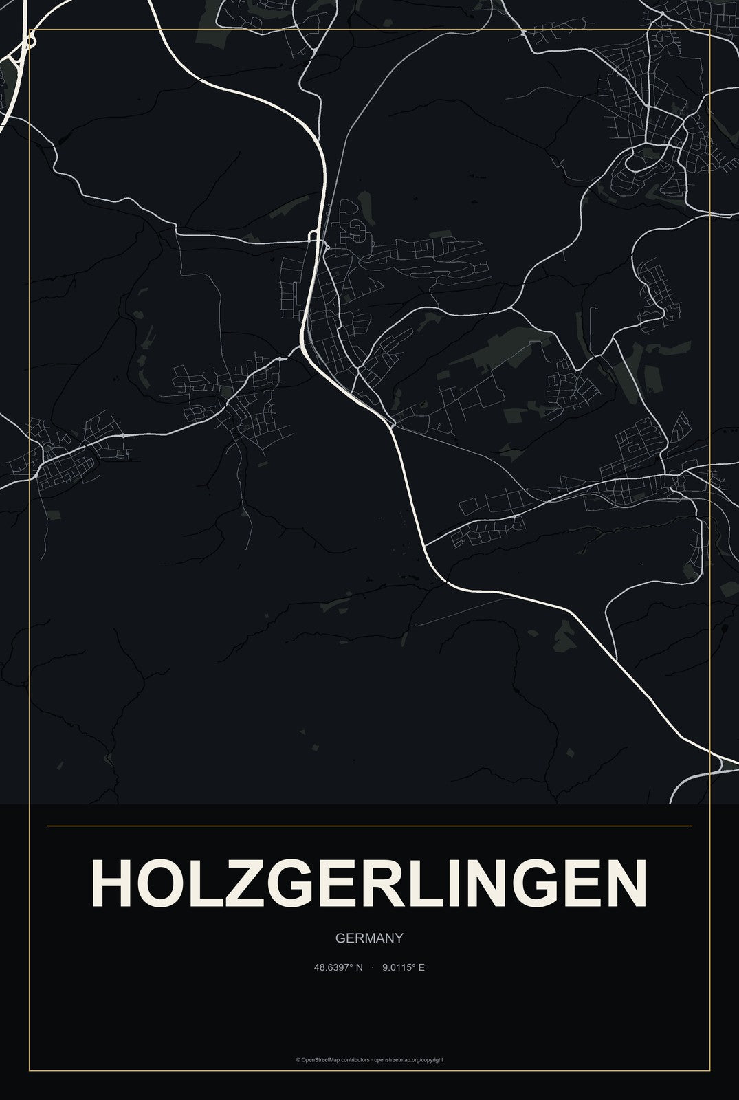 Holzgerlingen, Germany City Map Aluminum Sign in Metropolitan Noir style