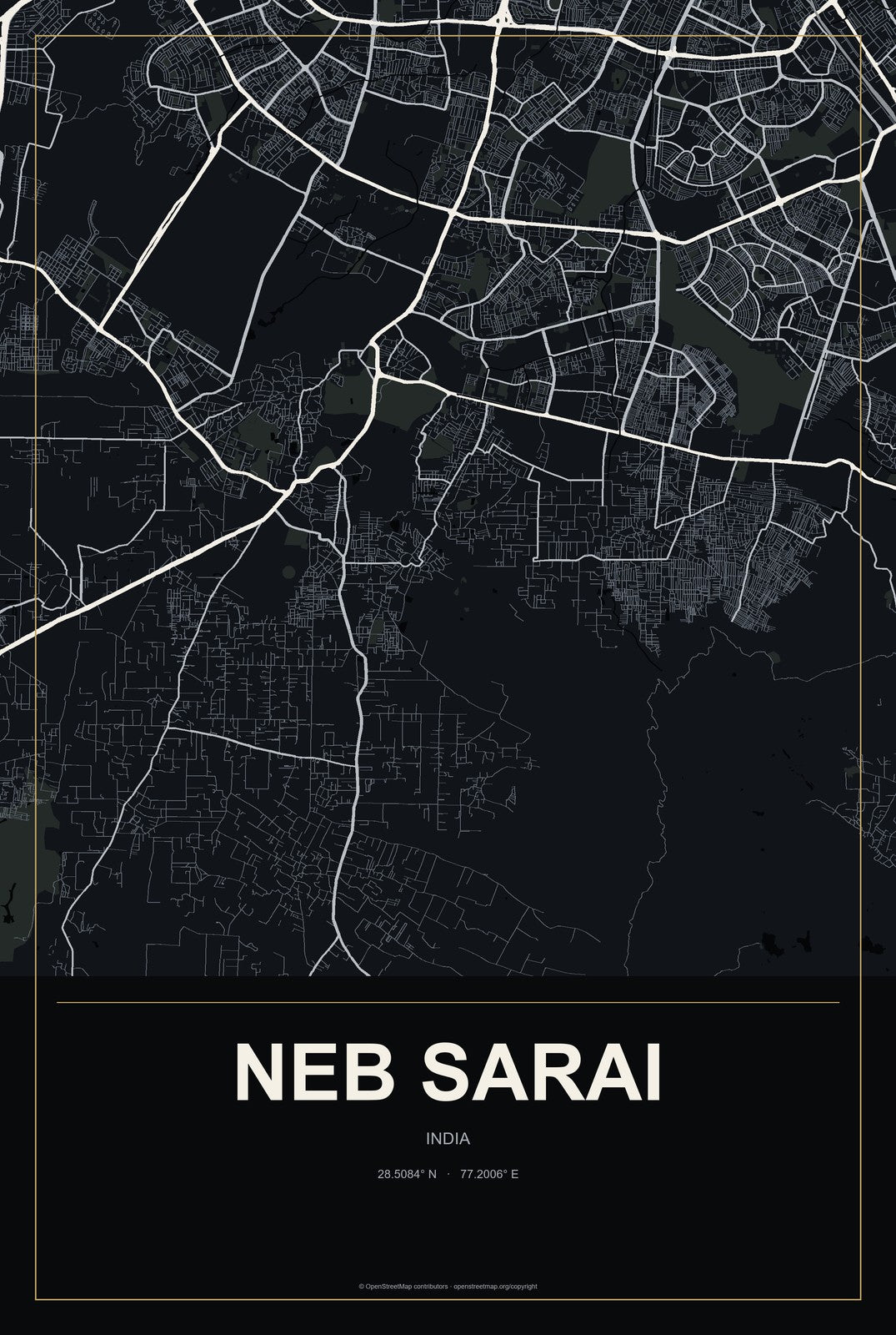 Neb Sarai, India City Map Aluminum Sign in Metropolitan Noir style
