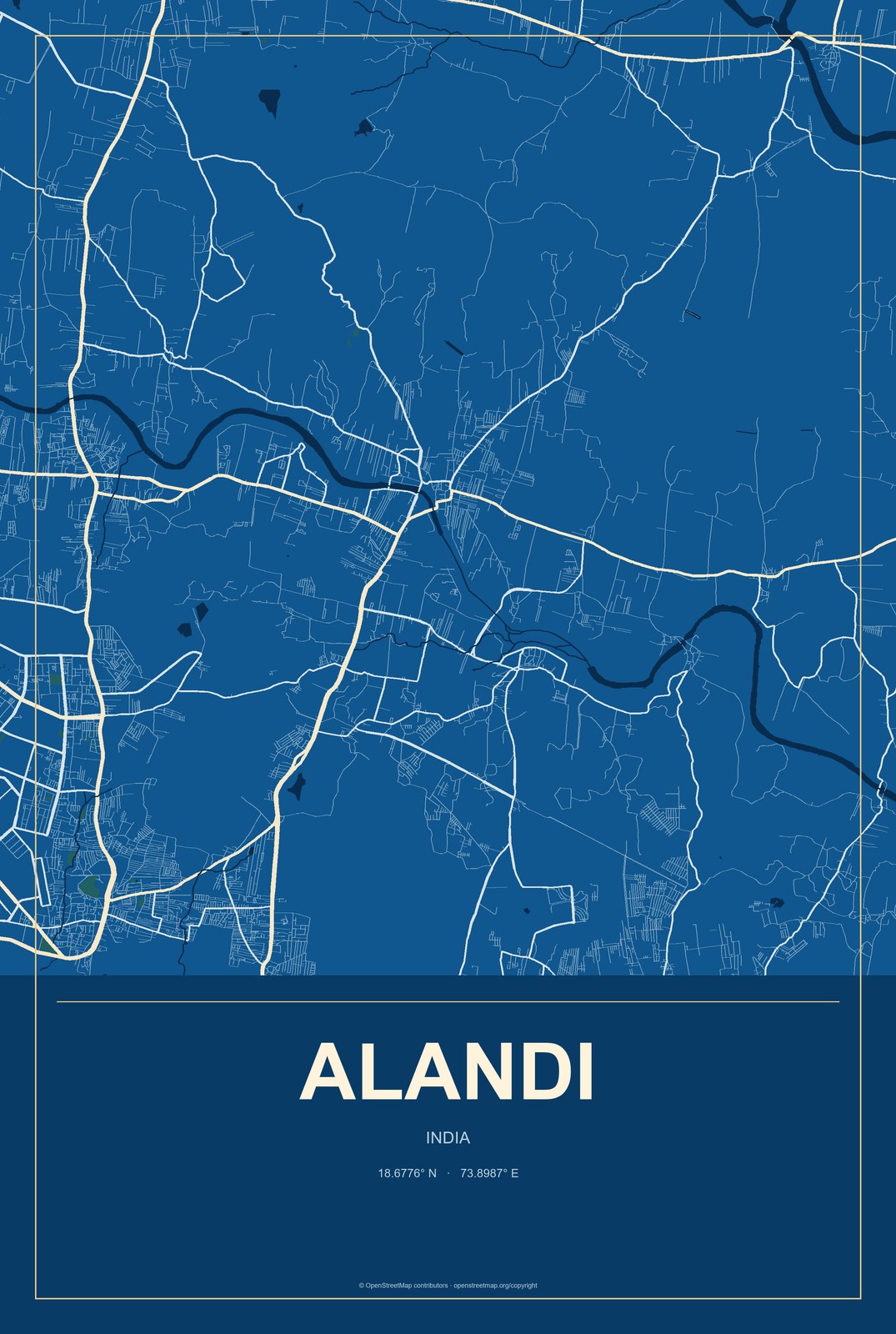 Alandi, India City Map Aluminum Sign in Harbor Cobalt style