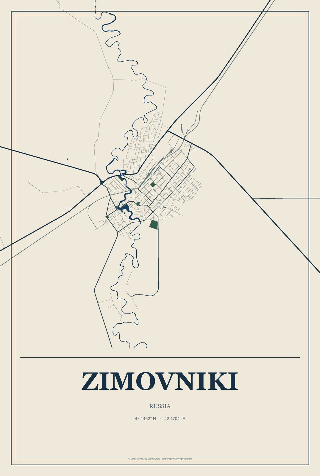 Zimovniki, Russia City Map Aluminum Sign in Coastal Cutout style