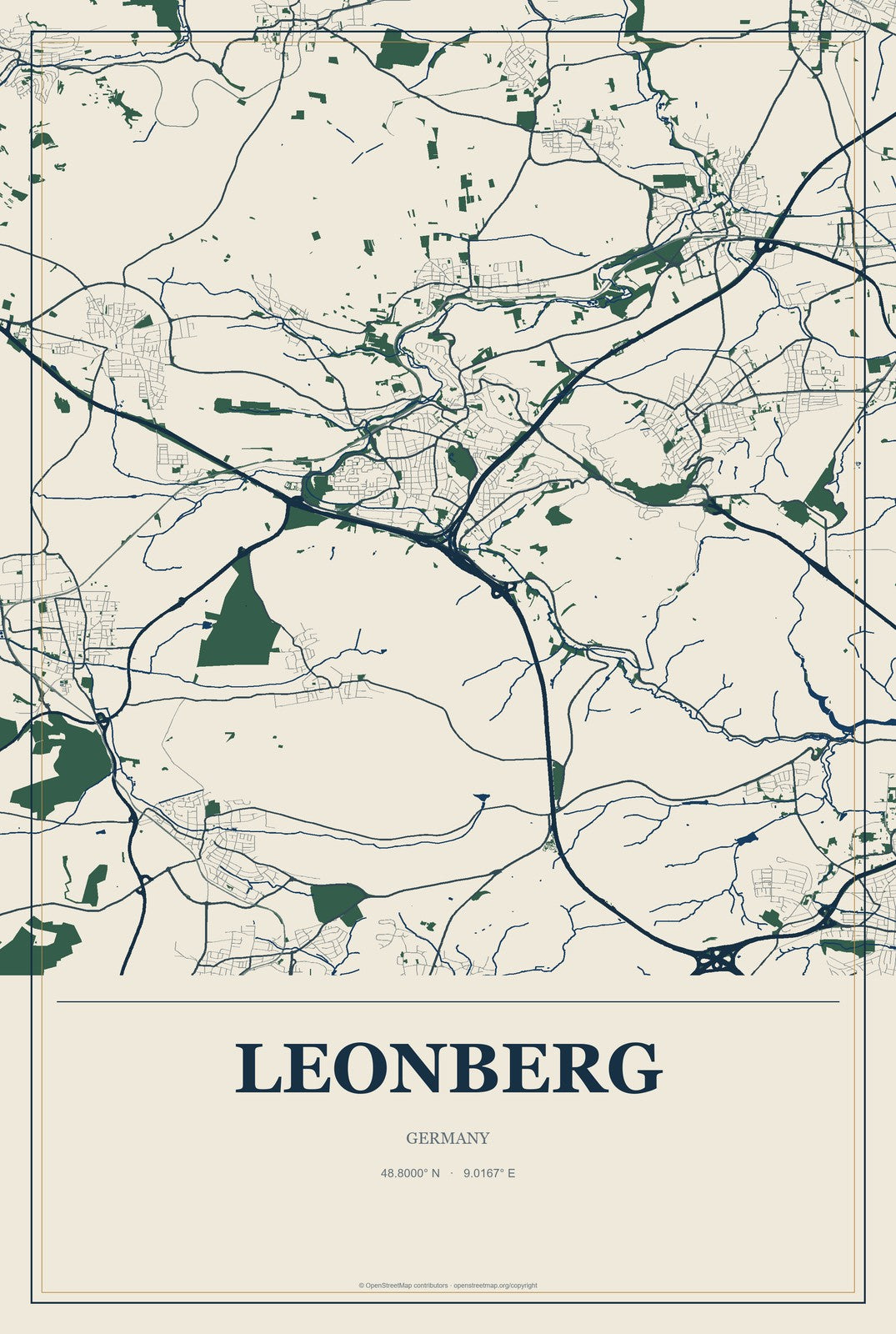 Leonberg, Germany City Map Aluminum Sign in Coastal Cutout style