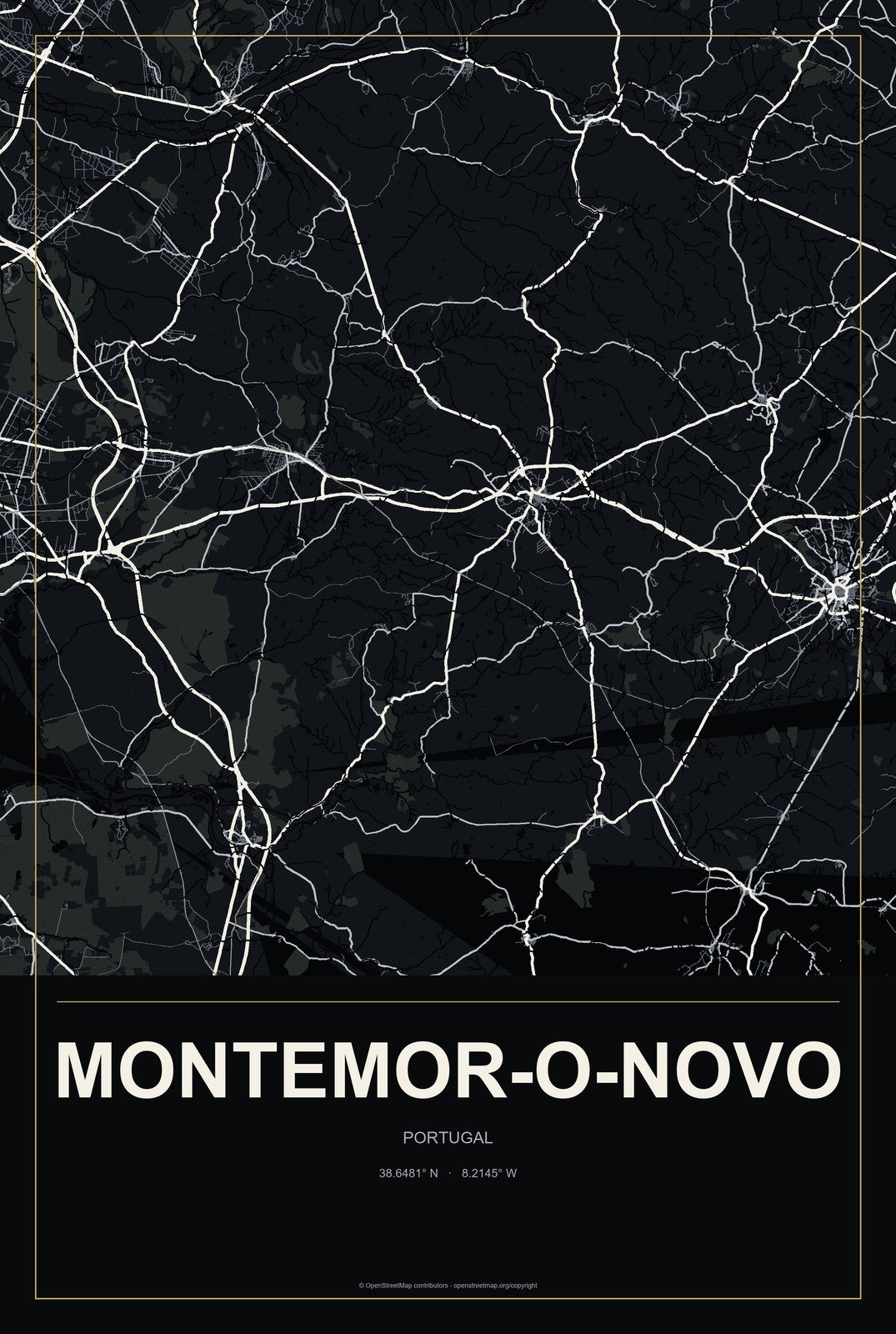 Montemor-o-Novo, Portugal City Map Aluminum Sign in Metropolitan Noir style