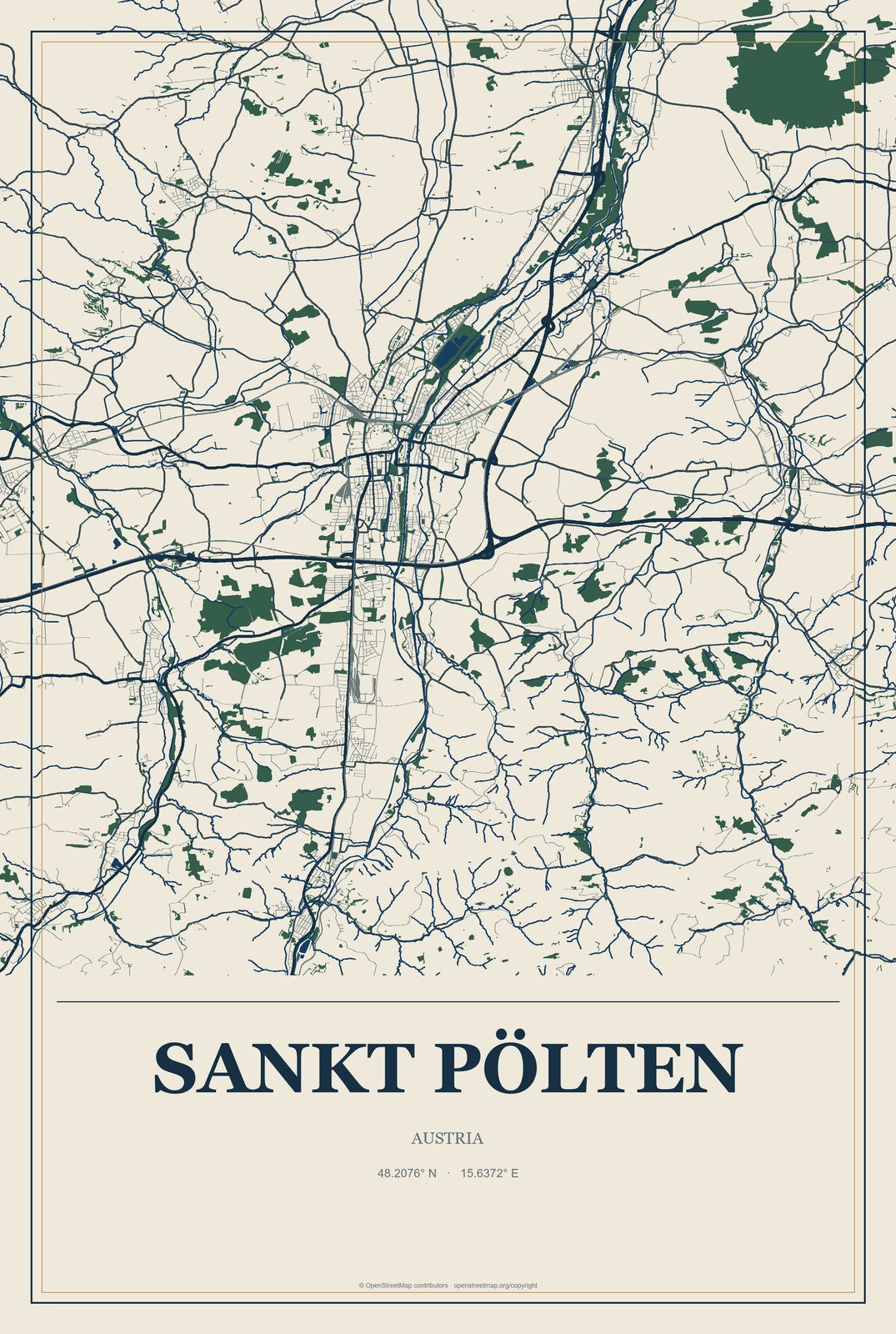 Sankt Pölten, Austria City Map Aluminum Sign in Coastal Cutout style
