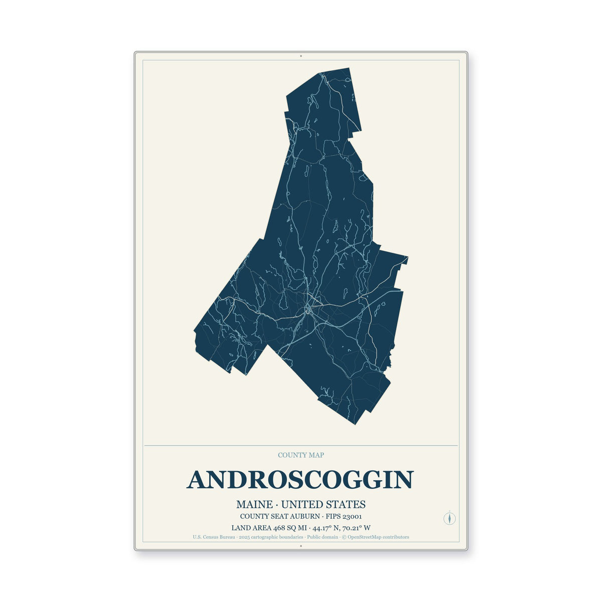 Androscoggin County, Maine Map Aluminum Sign in Coastal Cutout style