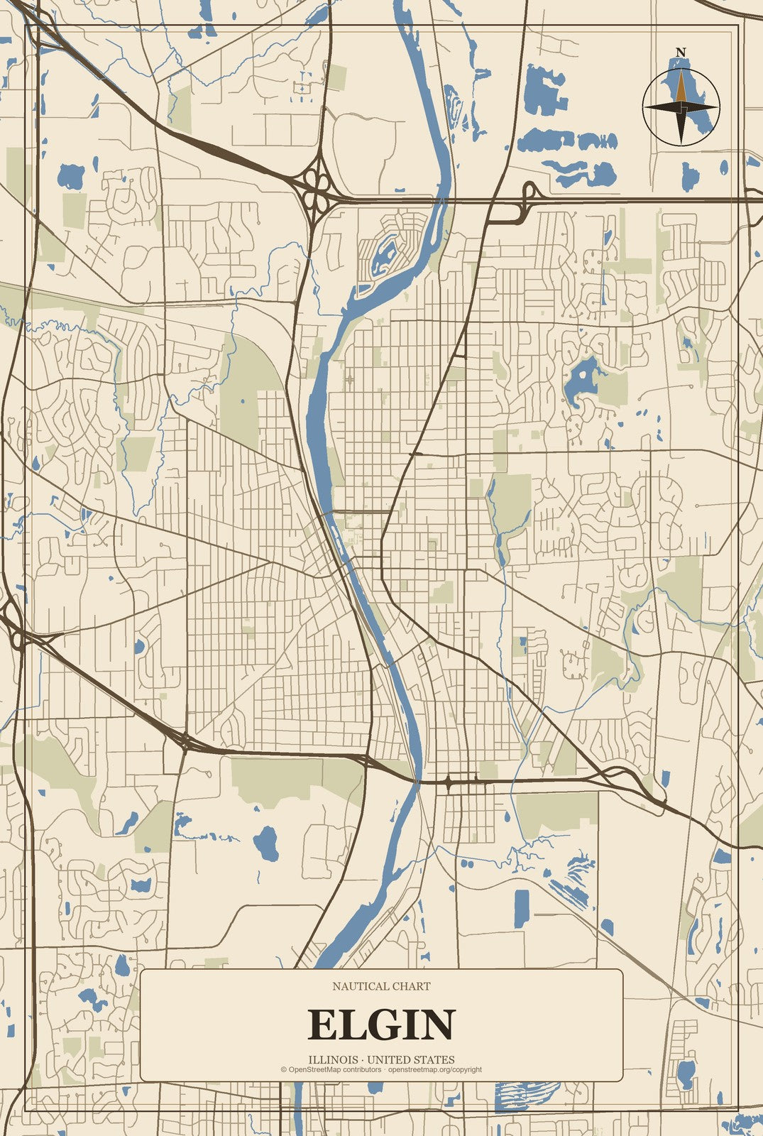 Elgin, Illinois City Map Aluminum Sign in Heritage Nautical style