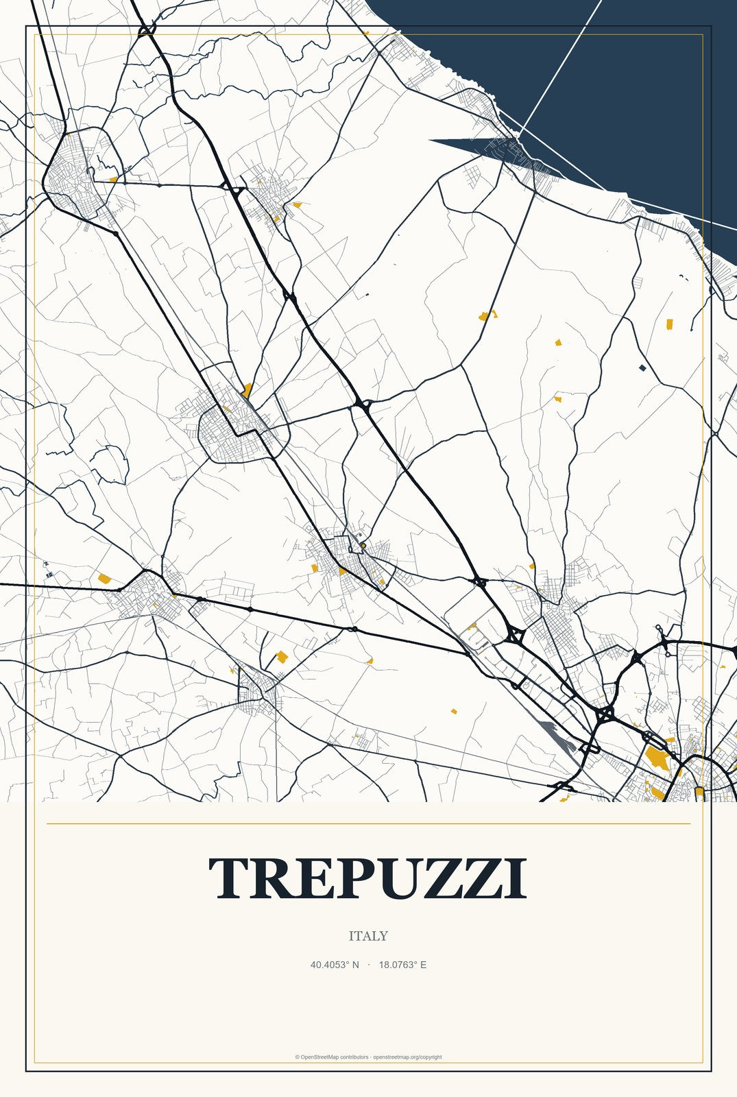Trepuzzi, Italy City Map Aluminum Sign in Citrine Modern style