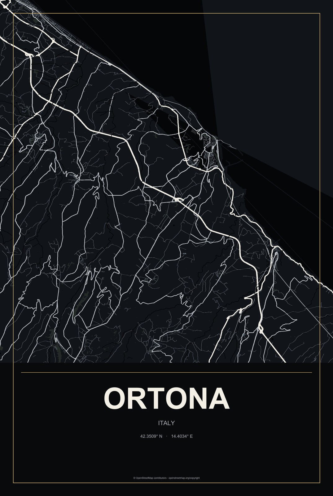 Ortona, Italy City Map Aluminum Sign in Metropolitan Noir style