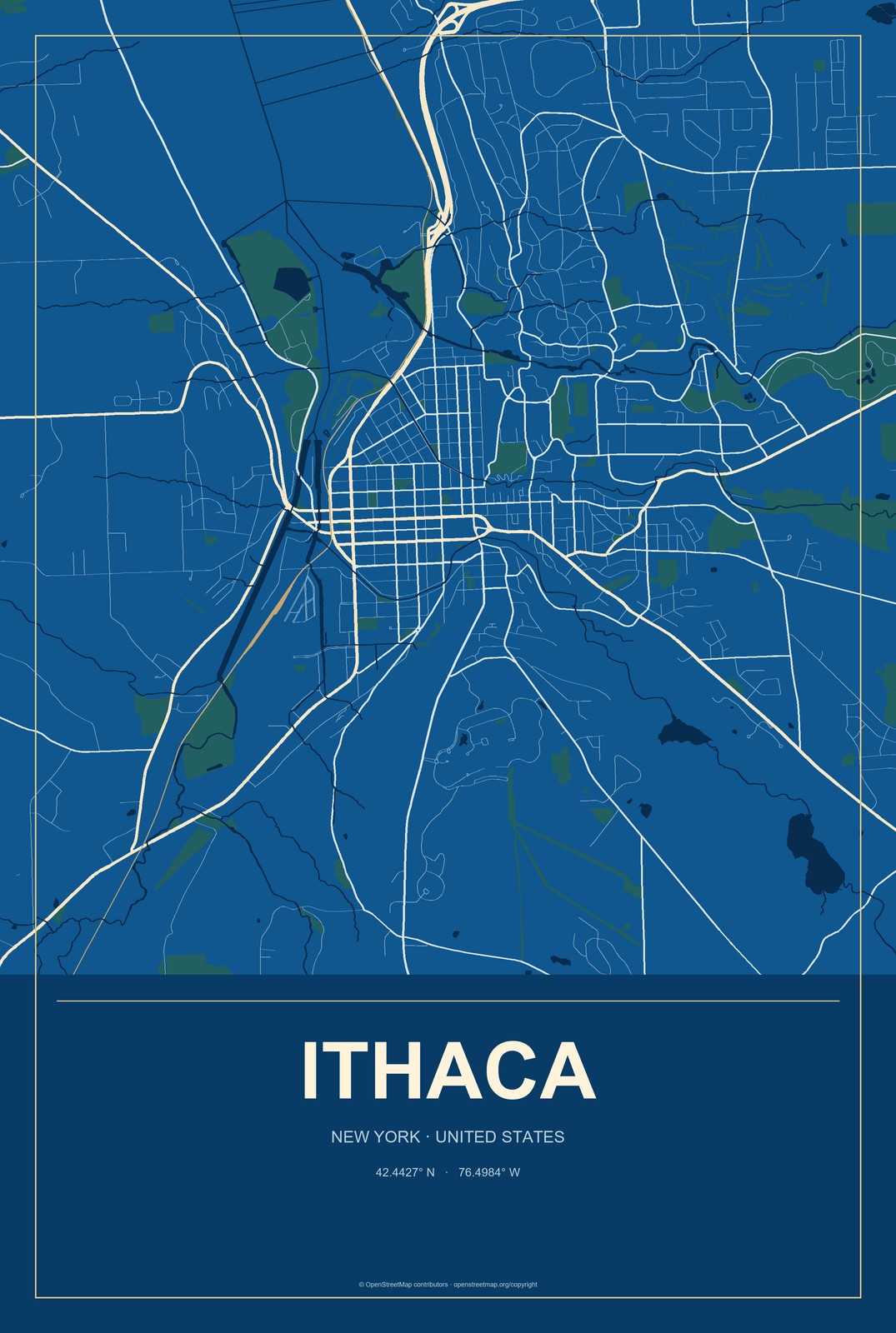 Ithaca, New York City Map Aluminum Sign in Harbor Cobalt style