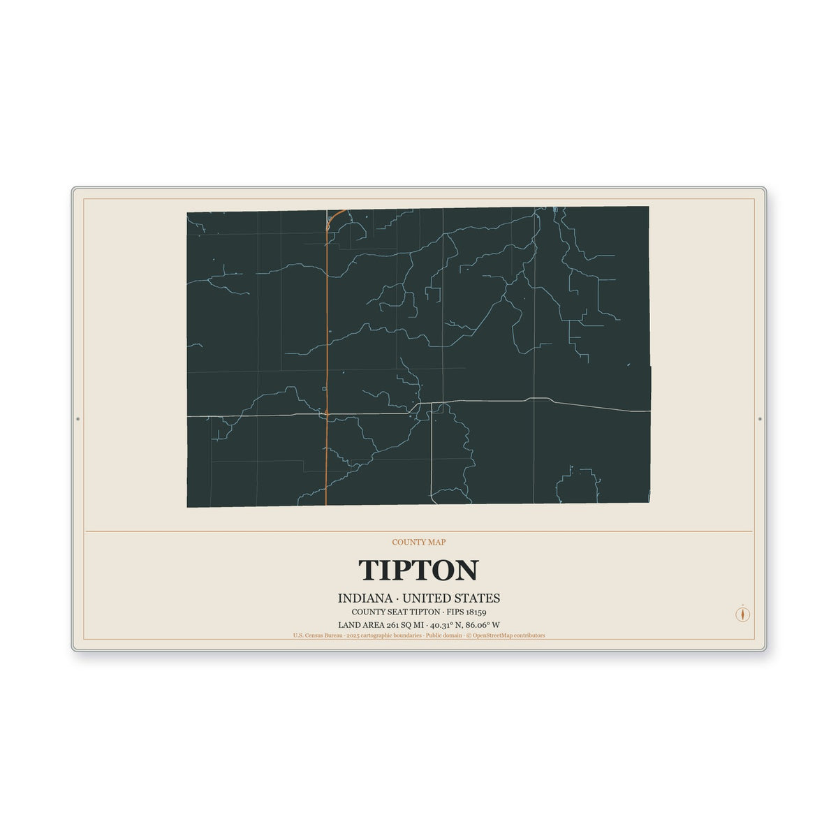 Tipton County, Indiana Map Aluminum Sign in Headline Atlas style