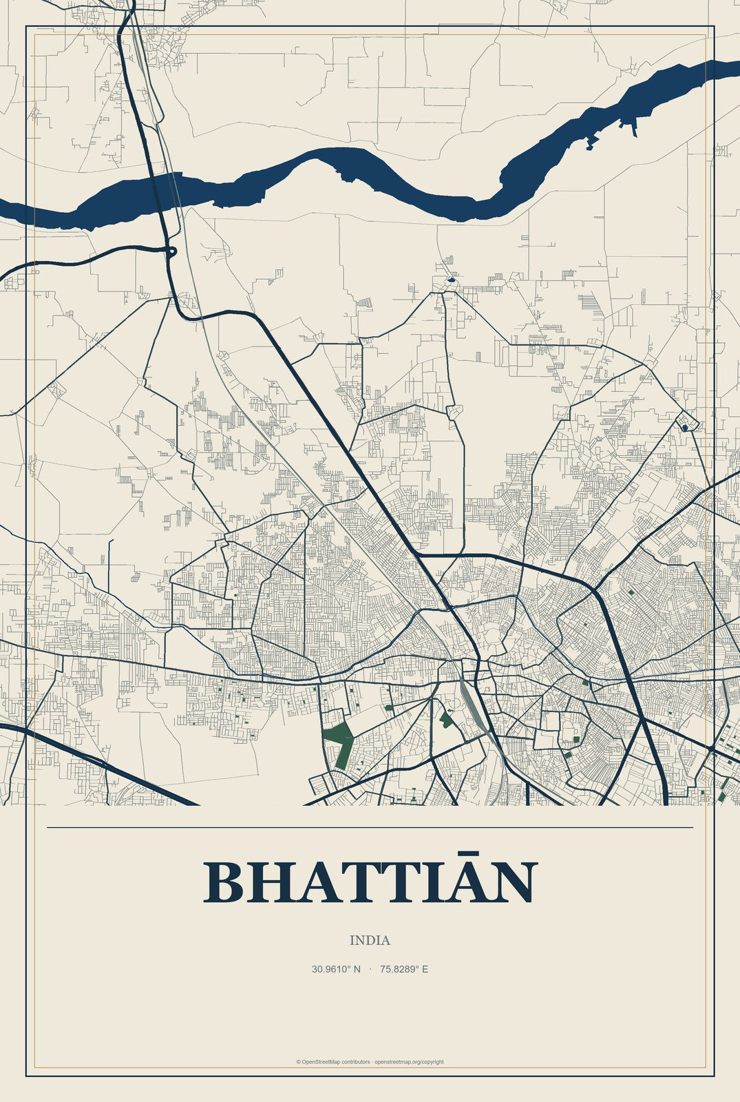 Bhattiān, India City Map Aluminum Sign in Coastal Cutout style