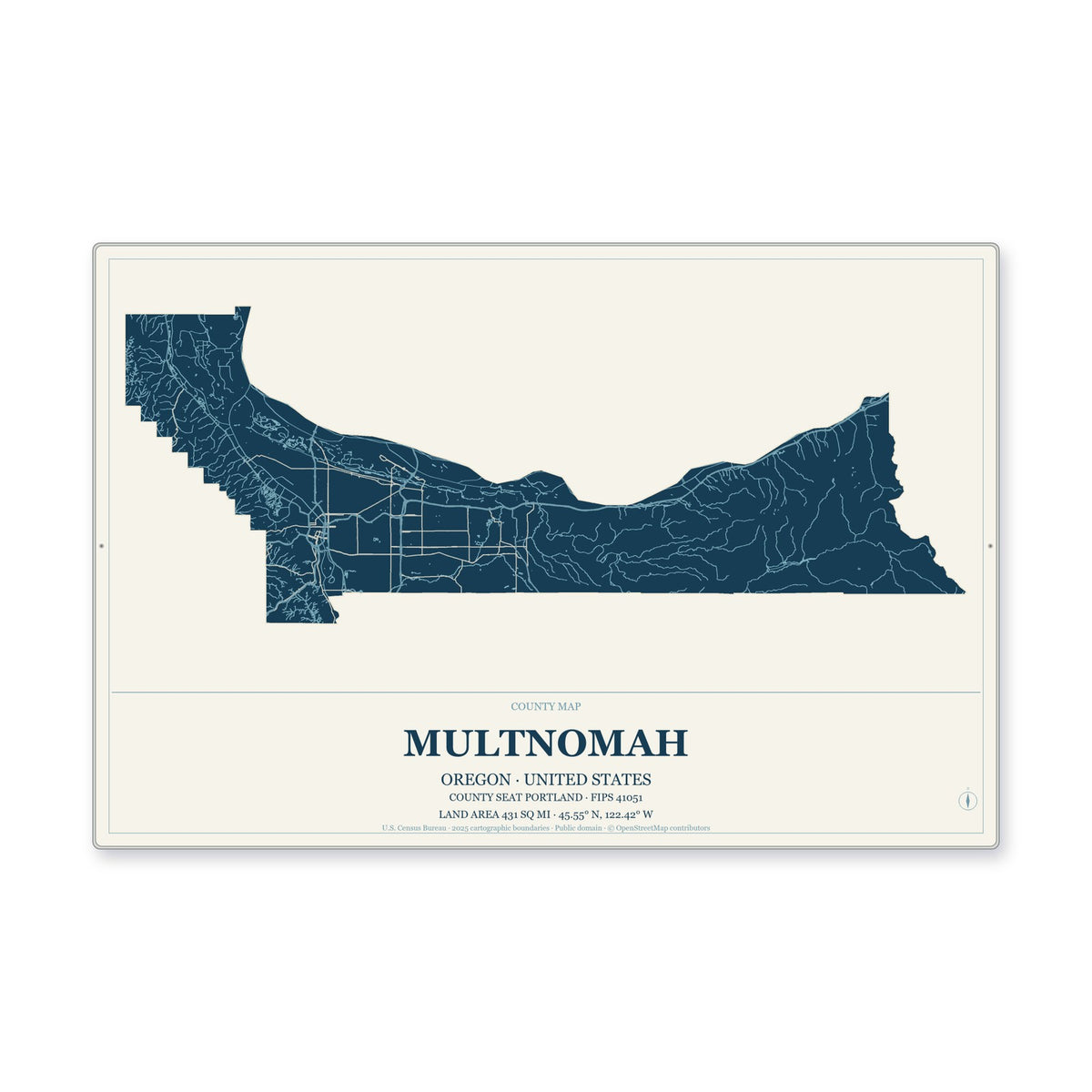 Multnomah County, Oregon Map Aluminum Sign in Coastal Cutout style