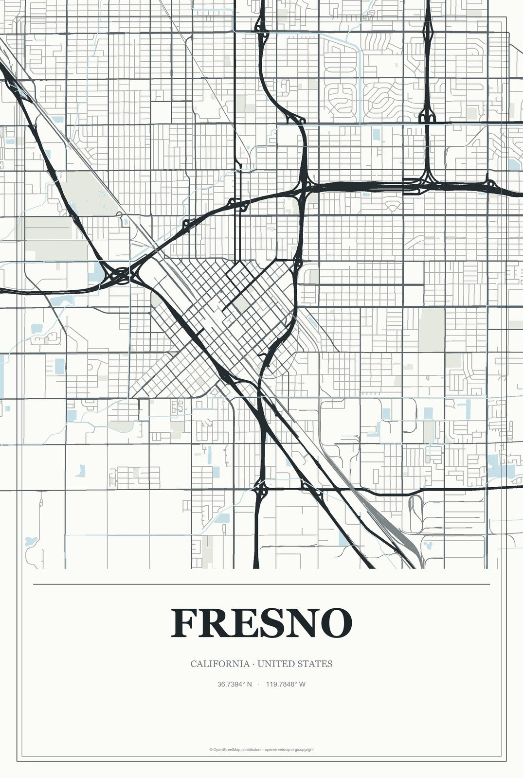 Fresno, California City Map Aluminum Sign in Gallery Air style