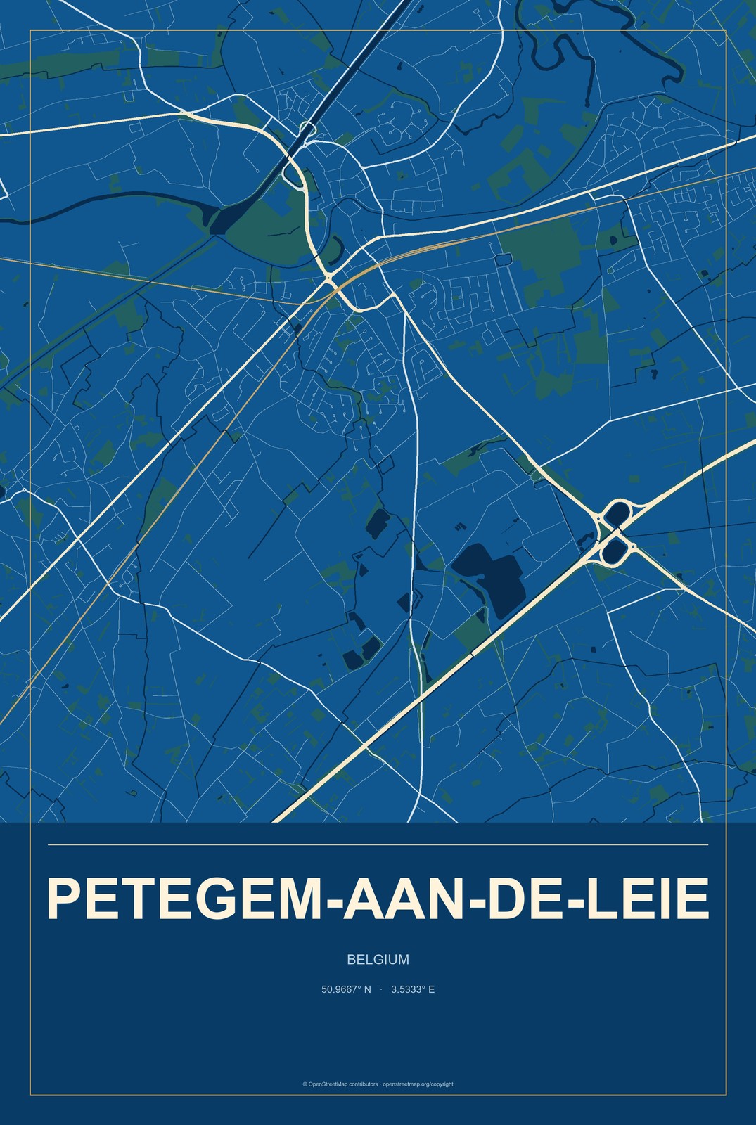 Petegem-aan-de-Leie, Belgium City Map Aluminum Sign in Harbor Cobalt style