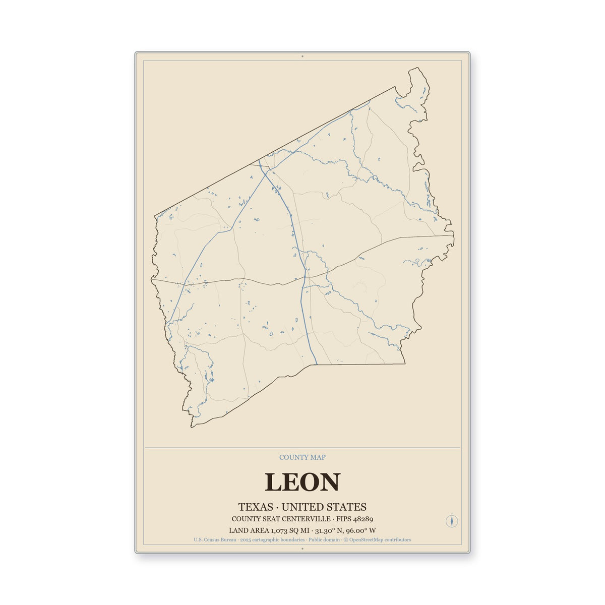 Leon County, Texas Map Aluminum Sign in Heritage Nautical style