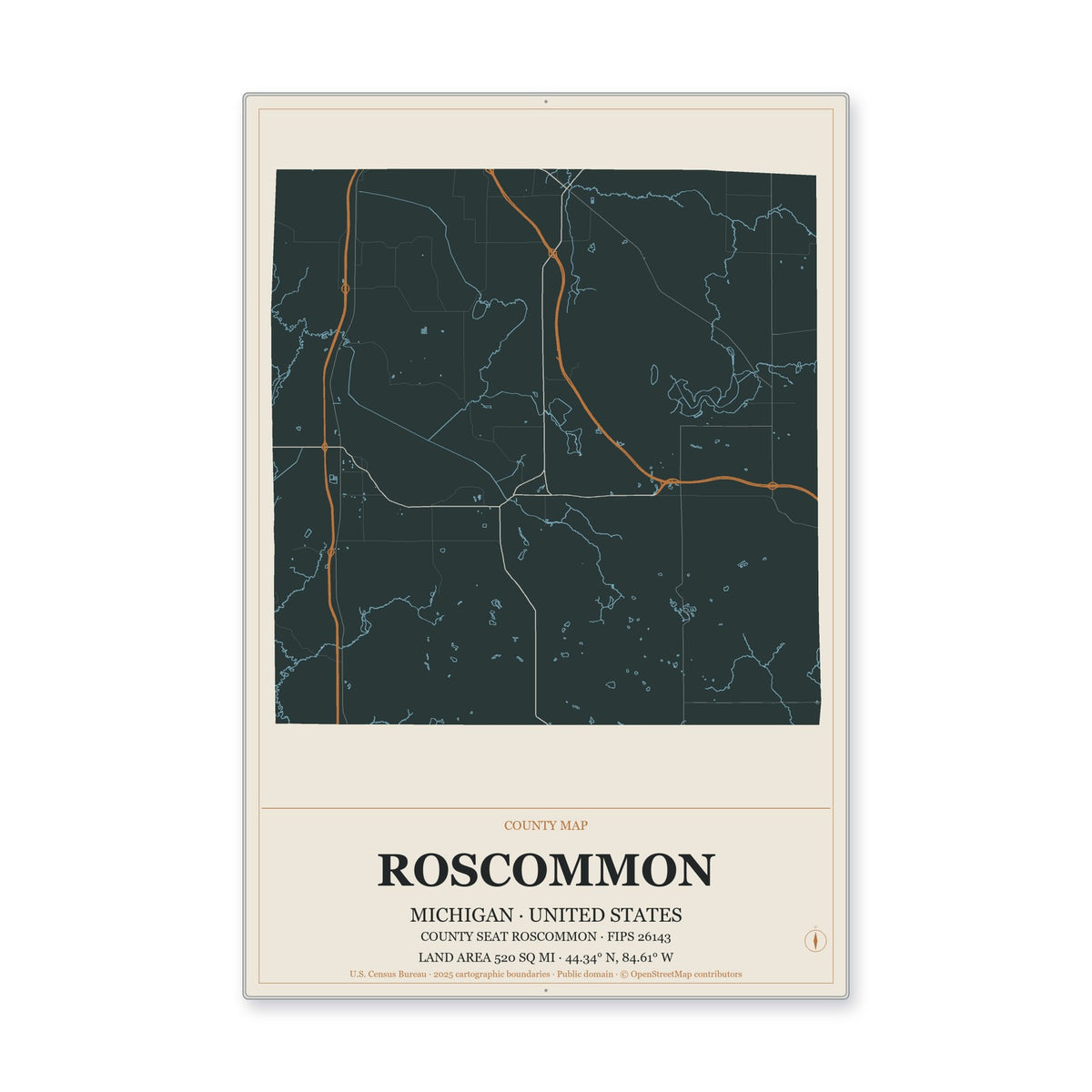 Roscommon County, Michigan Map Aluminum Sign in Headline Atlas style