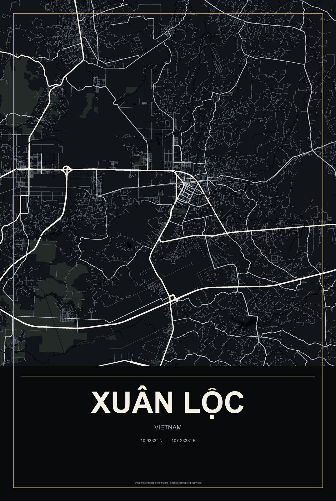 Xuân Lộc, Vietnam City Map Aluminum Sign in Metropolitan Noir style