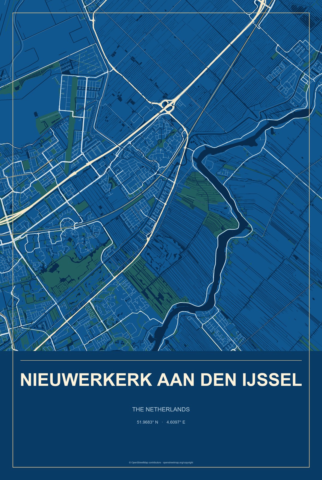 Nieuwerkerk aan den IJssel, The Netherlands City Map Aluminum Sign in Harbor Cobalt style