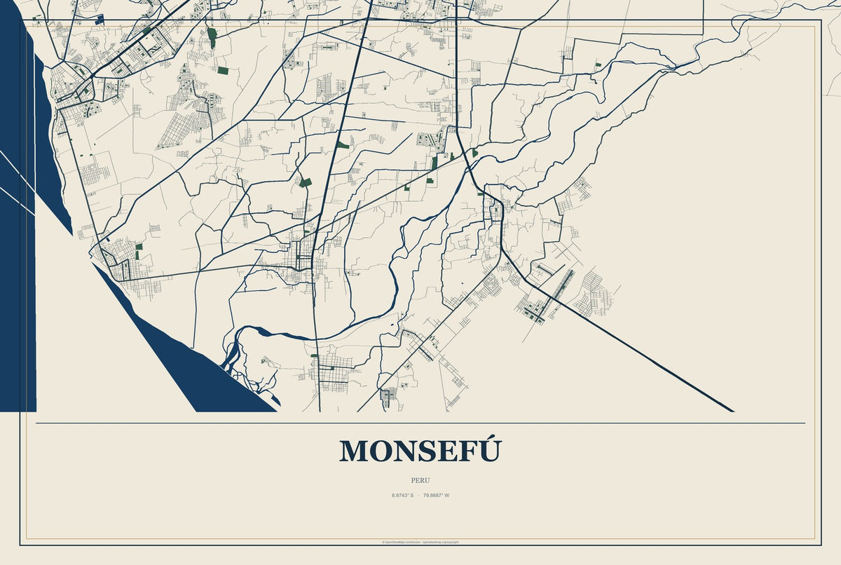 Monsefú, Peru City Map Aluminum Sign in Coastal Cutout style