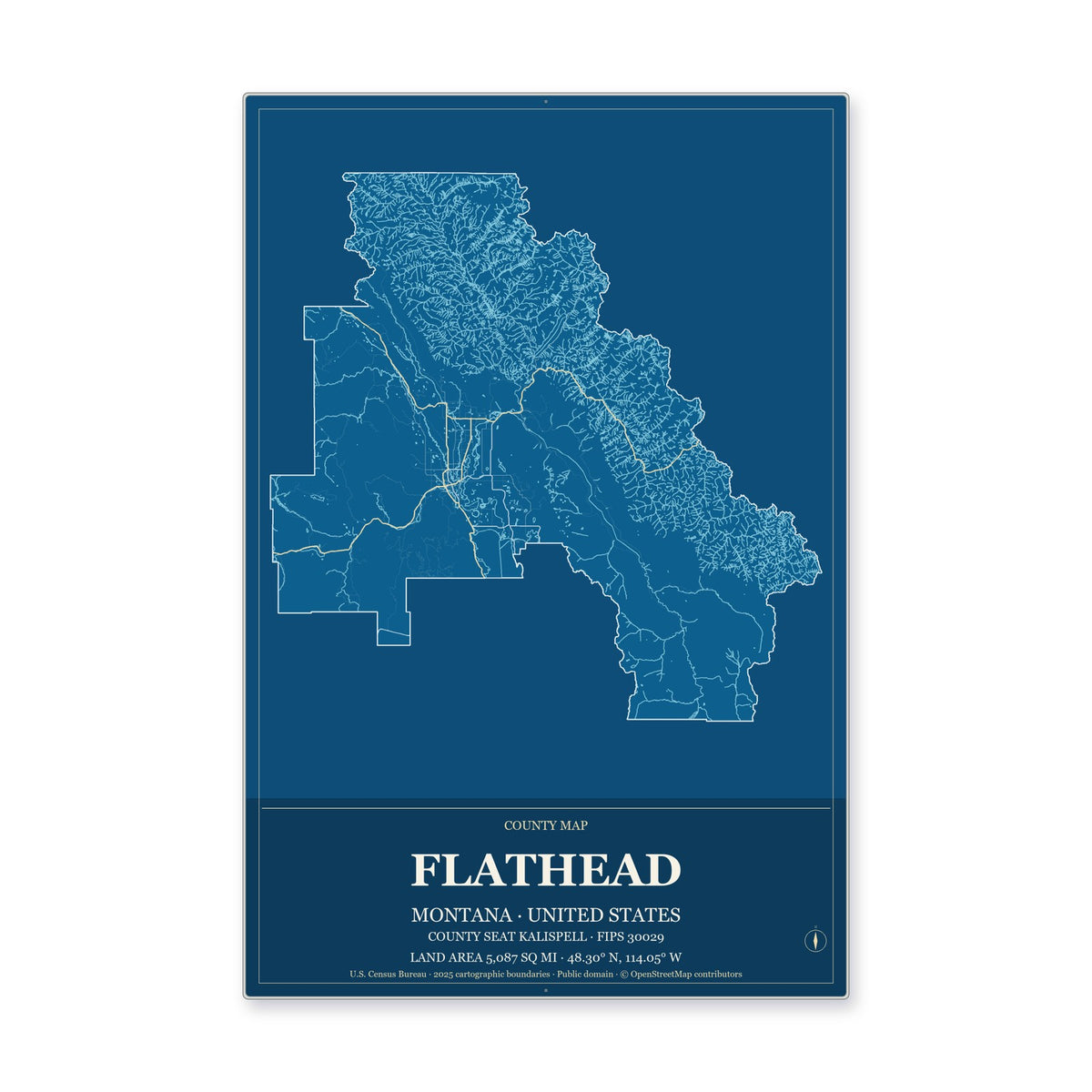 Flathead County, Montana Map Aluminum Sign in Harbor Cobalt style
