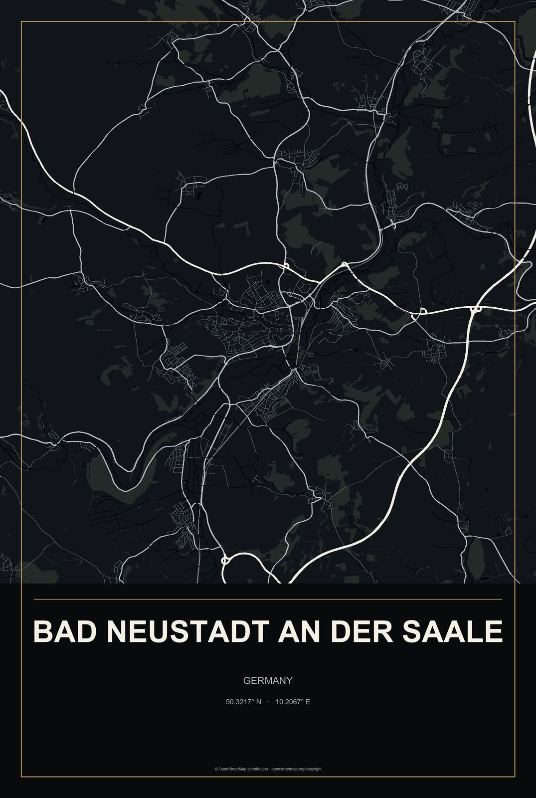 Bad Neustadt an der Saale, Germany City Map Aluminum Sign in Metropolitan Noir style