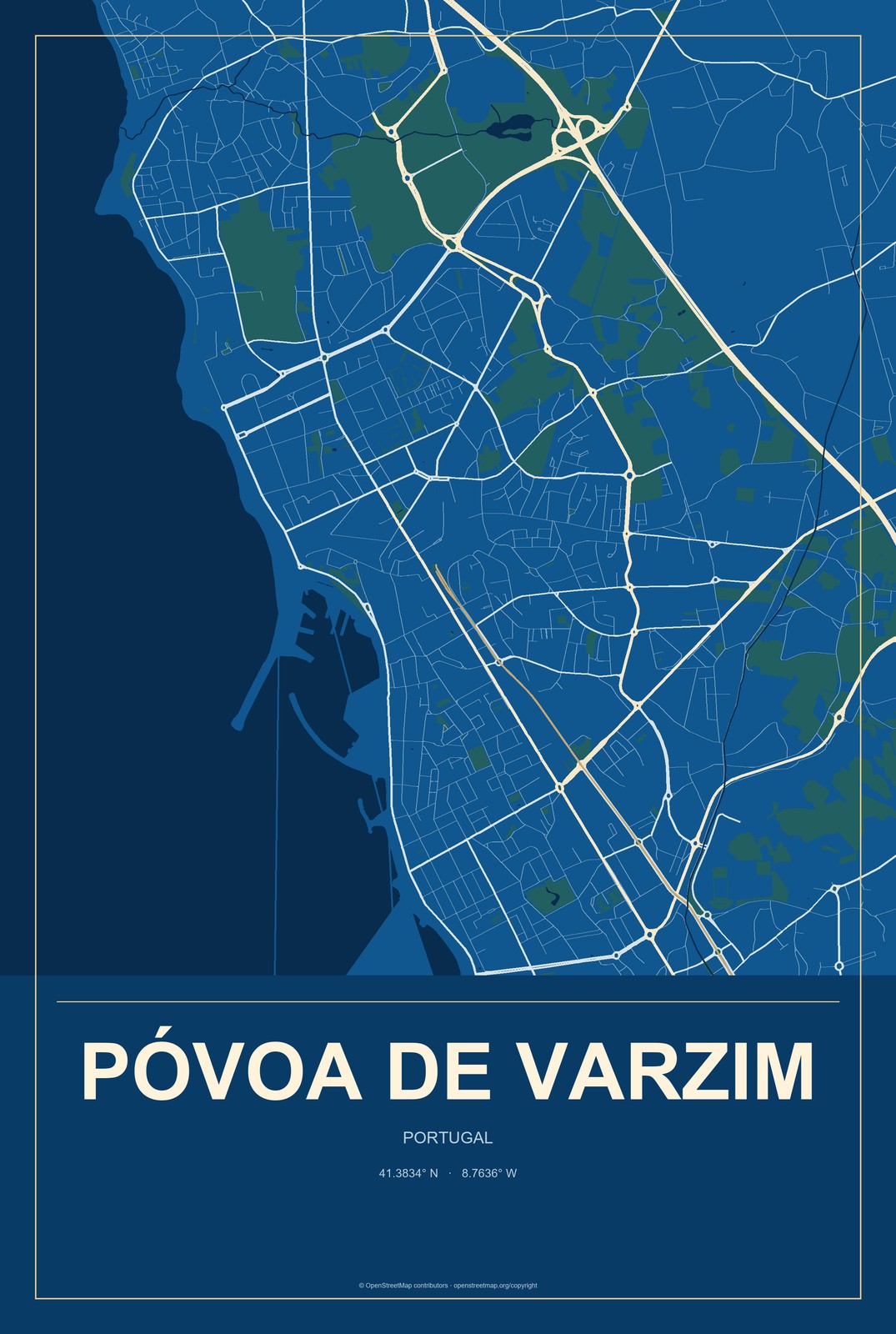 Póvoa de Varzim, Portugal City Map Aluminum Sign in Harbor Cobalt style