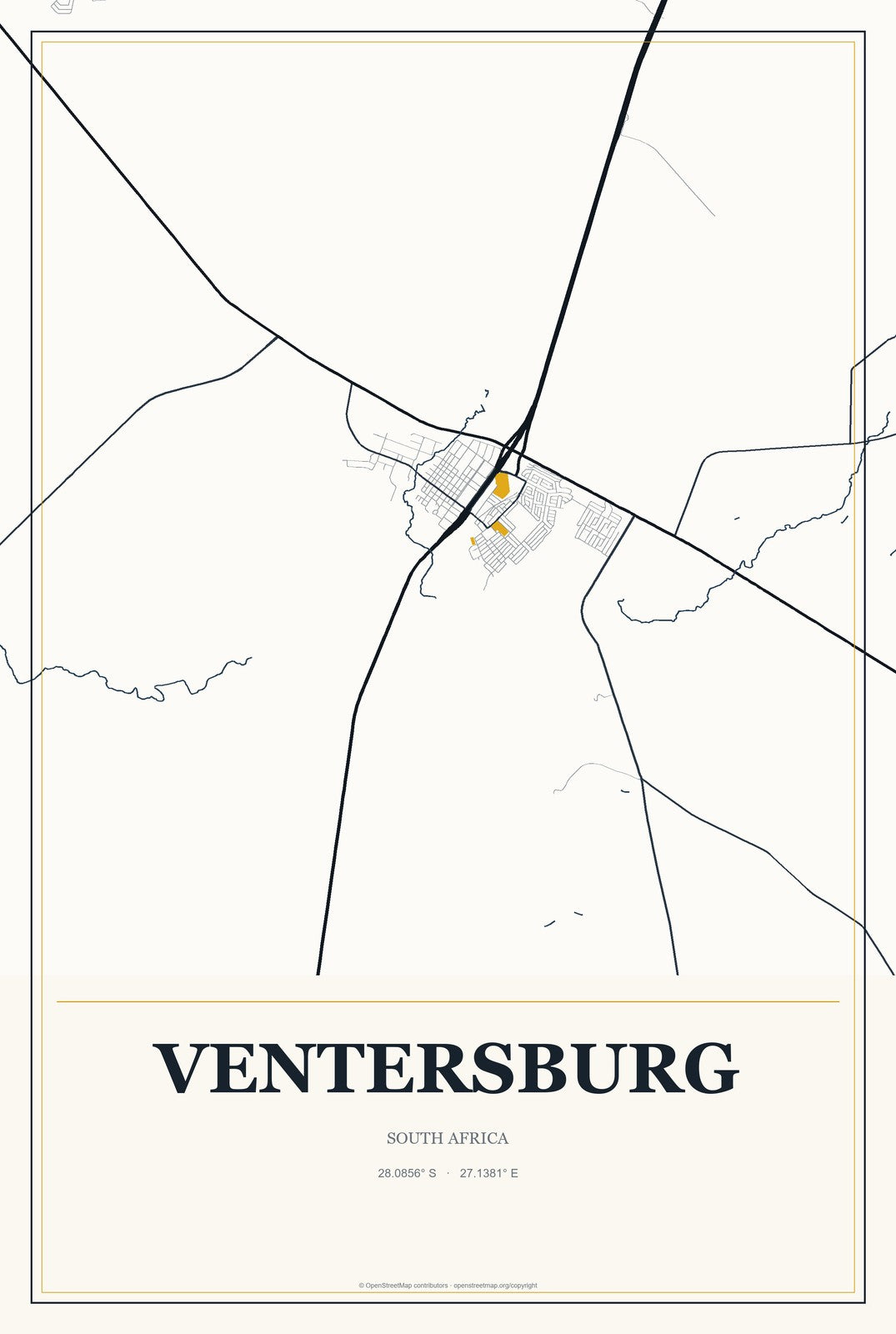 Ventersburg, South Africa City Map Aluminum Sign in Citrine Modern style