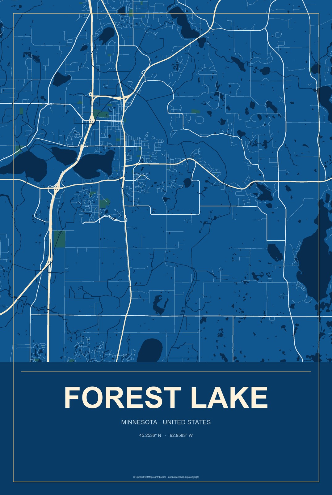 Forest Lake, Minnesota City Map Aluminum Sign in Harbor Cobalt style