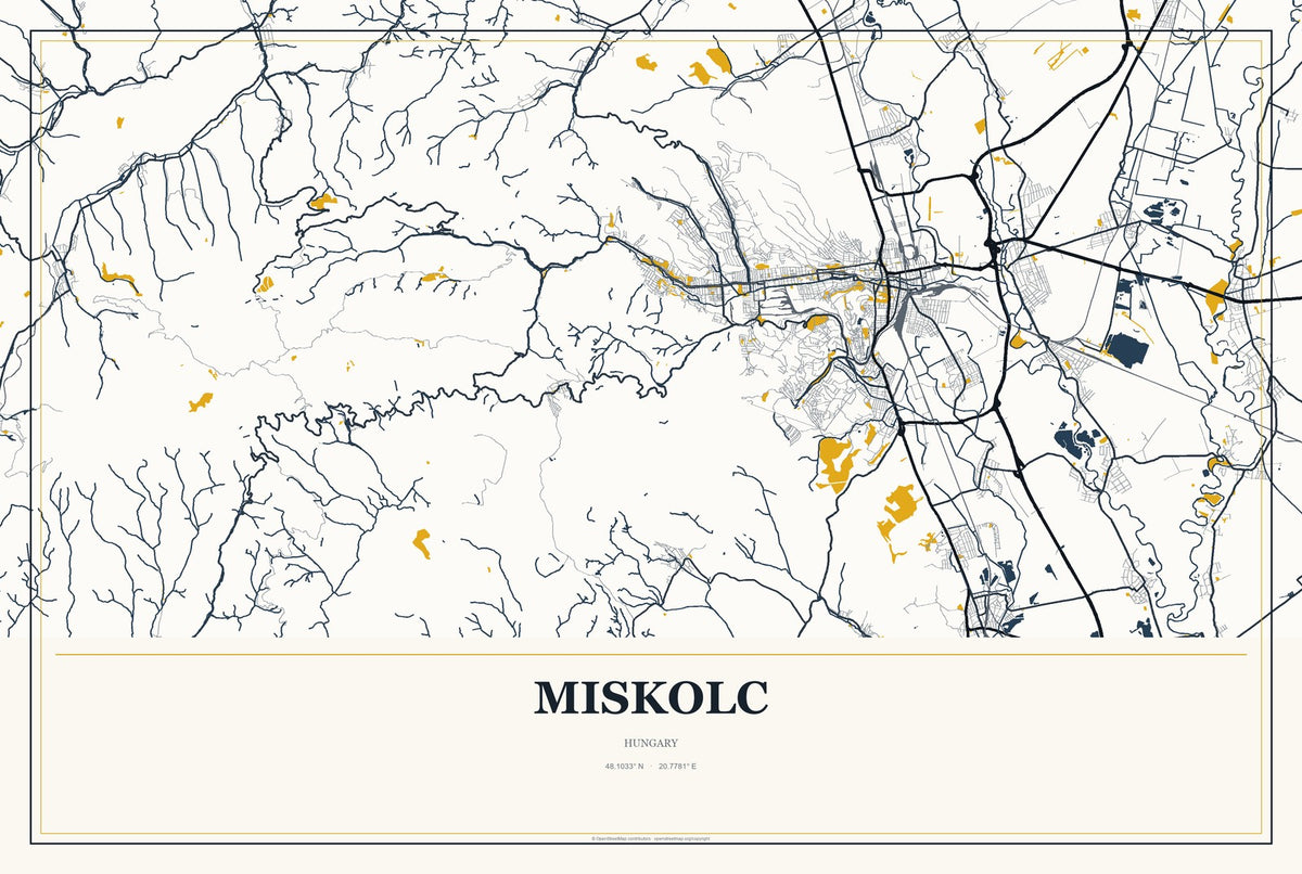 Miskolc, Hungary City Map Aluminum Sign in Citrine Modern style