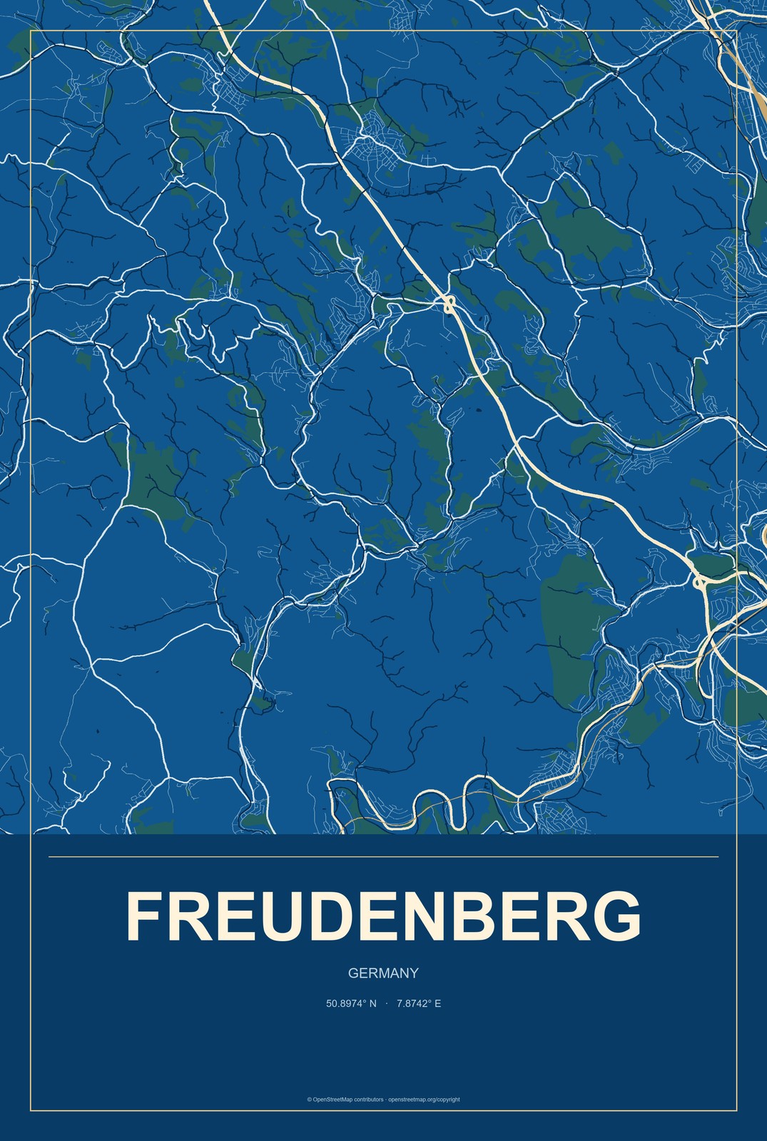 Freudenberg, Germany City Map Aluminum Sign in Harbor Cobalt style