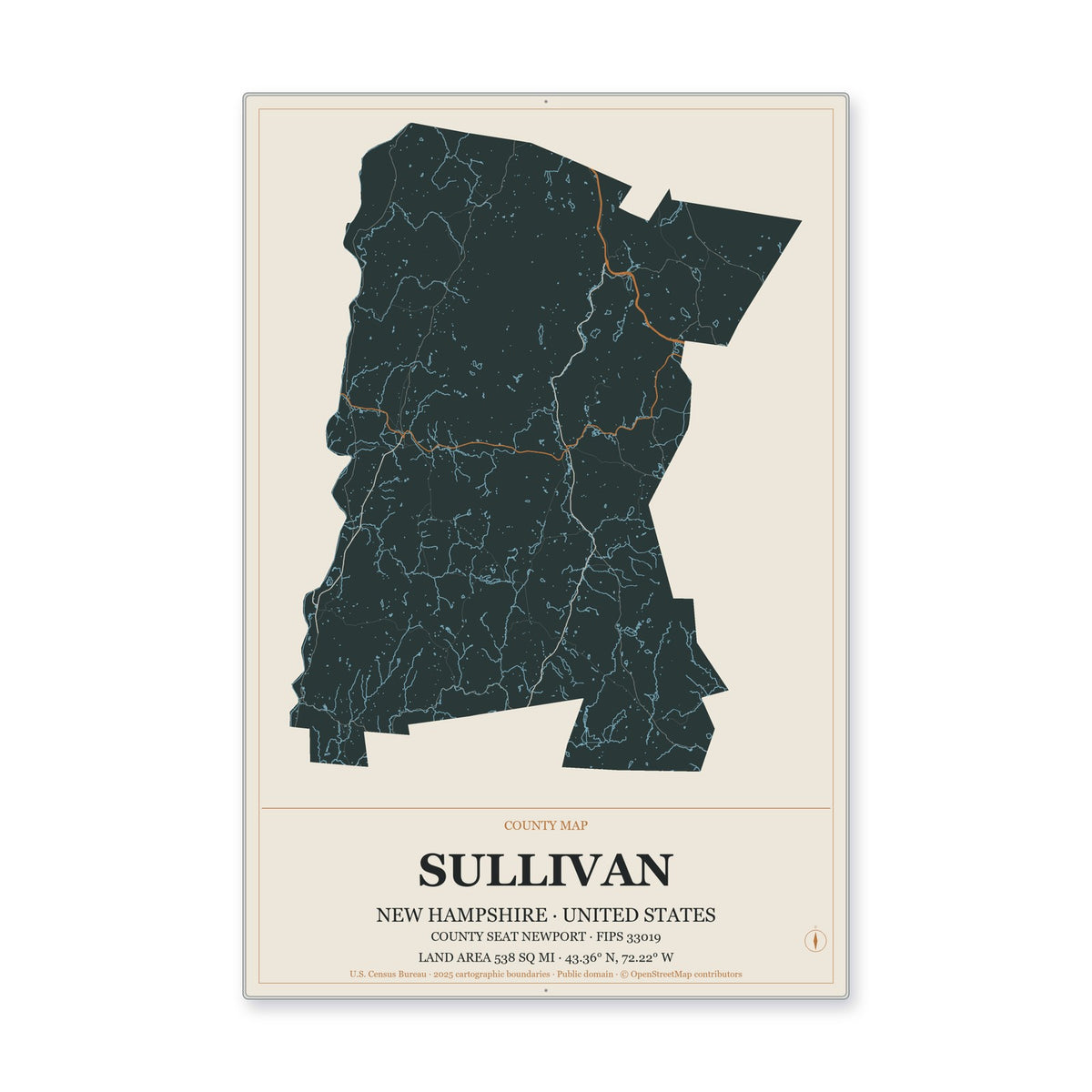 Sullivan County, New Hampshire Map Aluminum Sign in Headline Atlas style