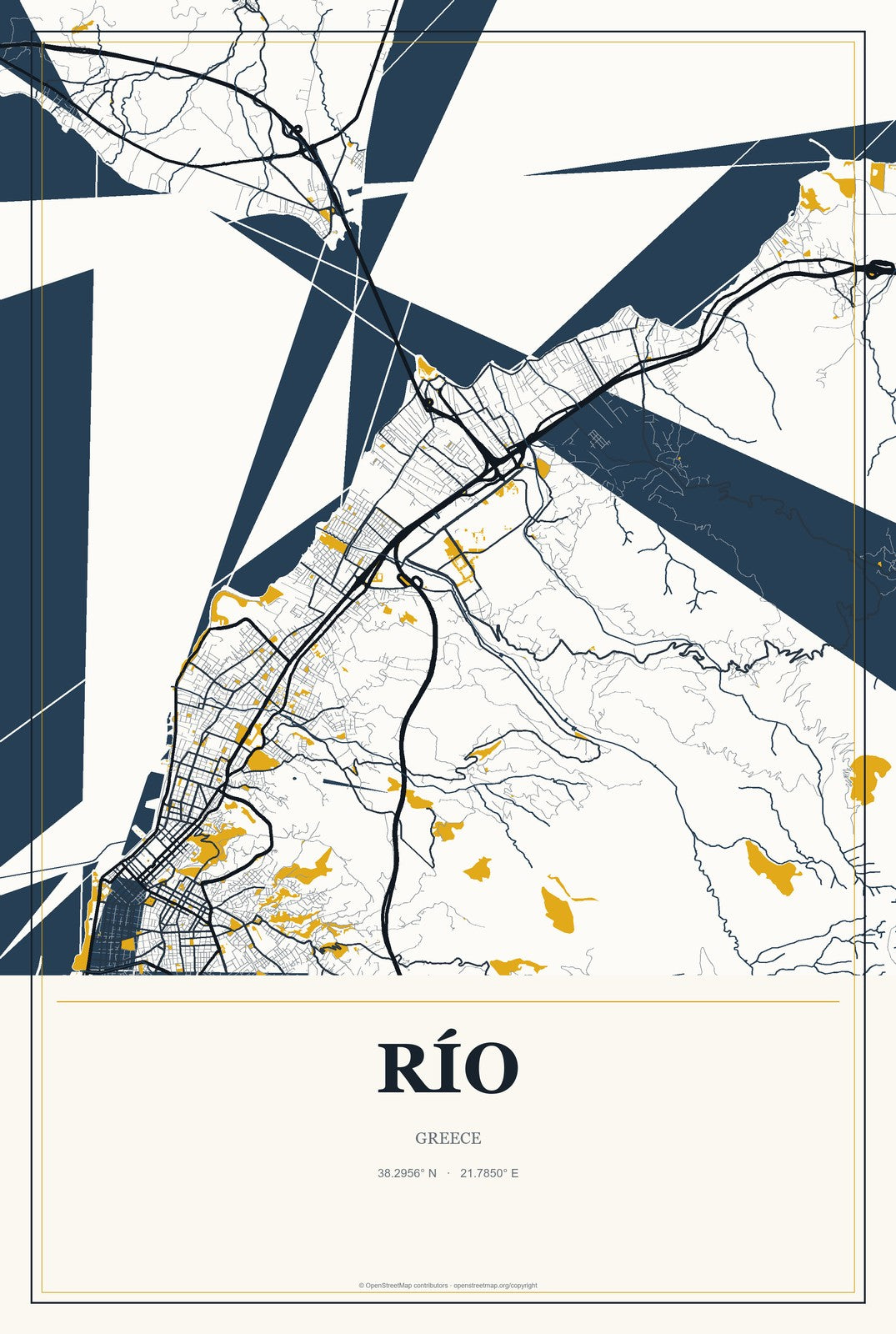 Río, Greece City Map Aluminum Sign in Citrine Modern style